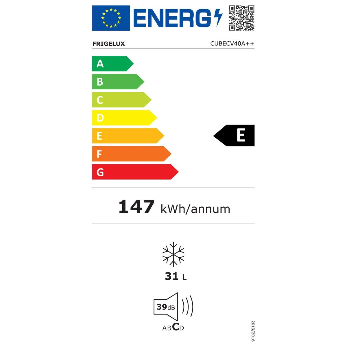 Etiqueta energética Frigelux con clase E, 147 kWh/año, 31 litros y 39 dB.