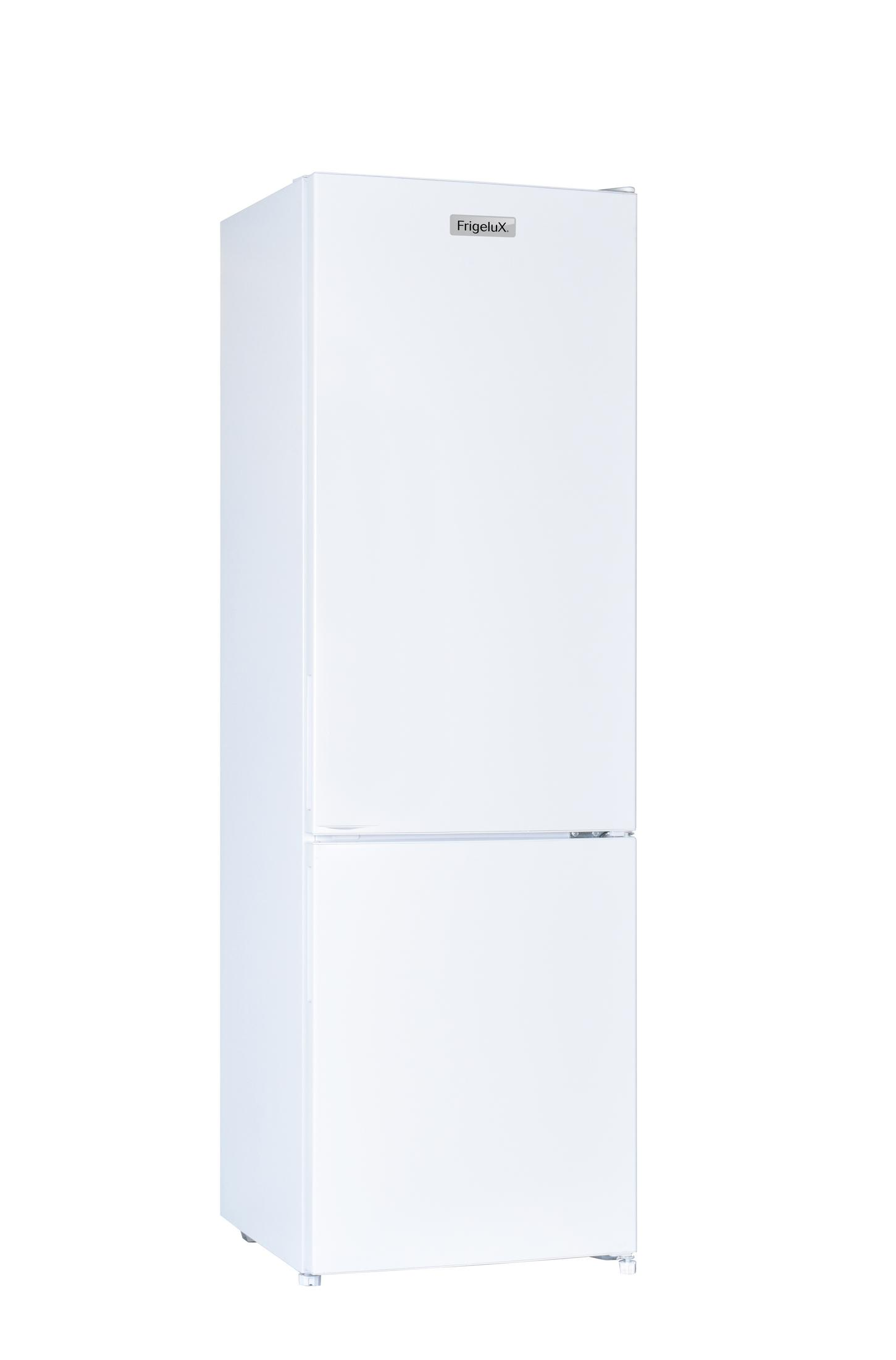 Un refrigerador blanco de dos puertas Frigelux sobre fondo blanco.