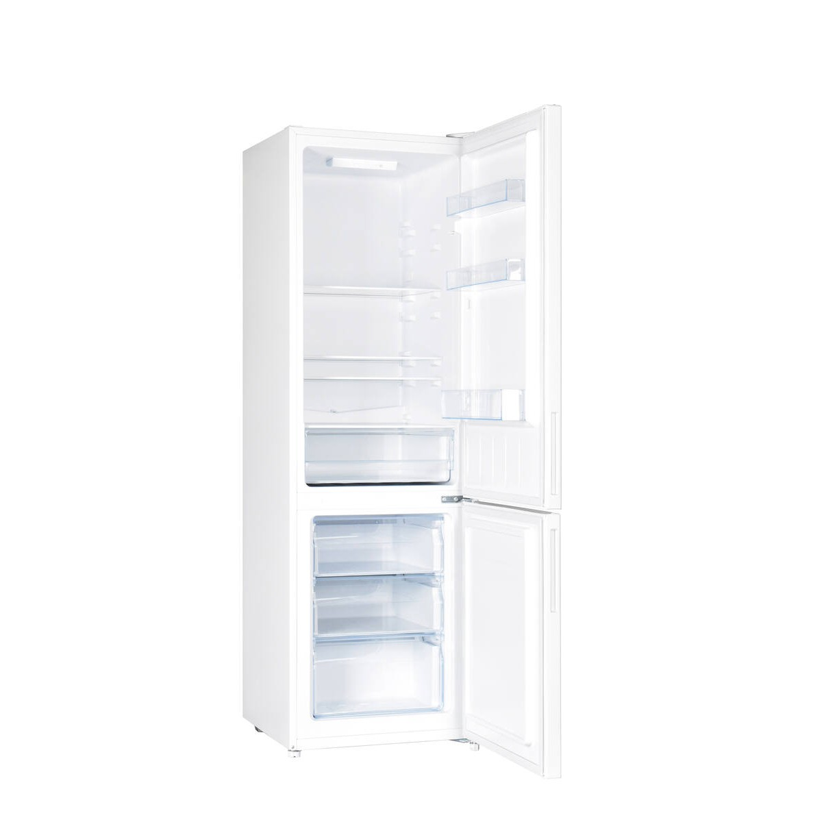 Un refrigerador independiente blanco con compartimento superior abierto y sección de congelador inferior sobre fondo blanco.