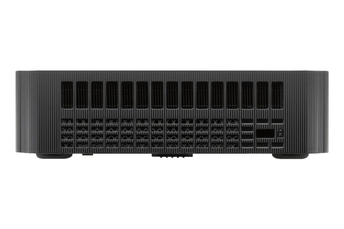 Dispositivo electrónico negro con ranuras de ventilación verticales y una marca K.