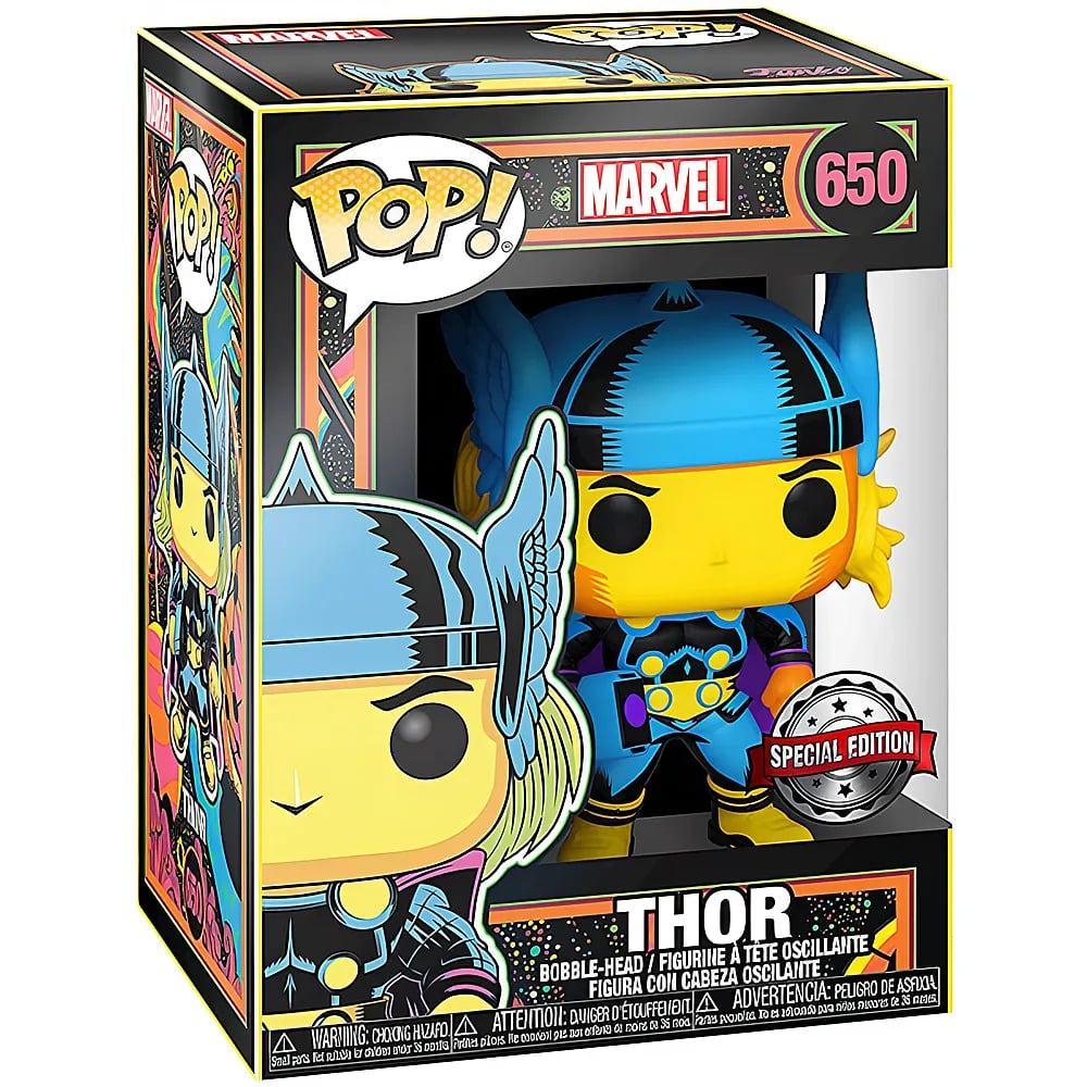 Una colorida figura de vinilo Thor Pop! en su caja, con una pegatina de edición especial.