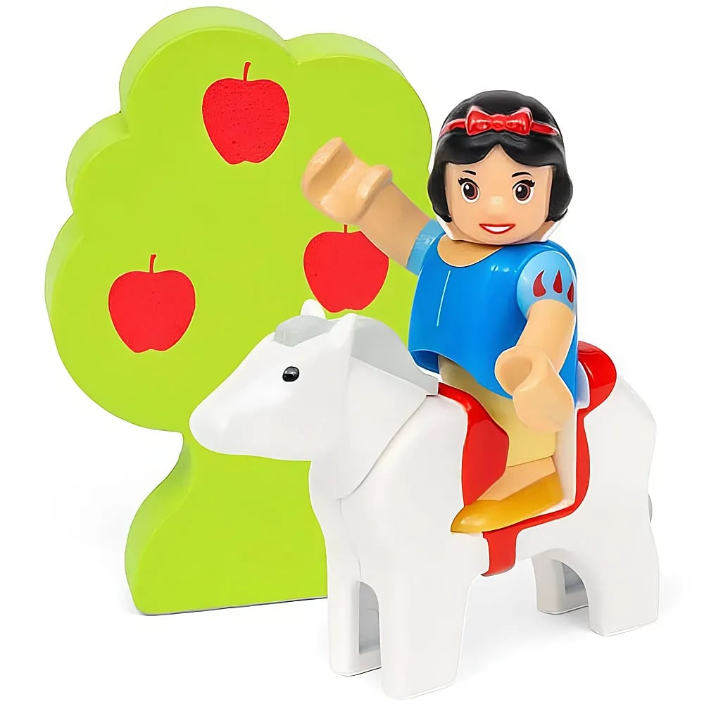 Personaggio in plastica di Biancaneve a cavallo di un cavallo bianco davanti a un albero verde con mele rosse.