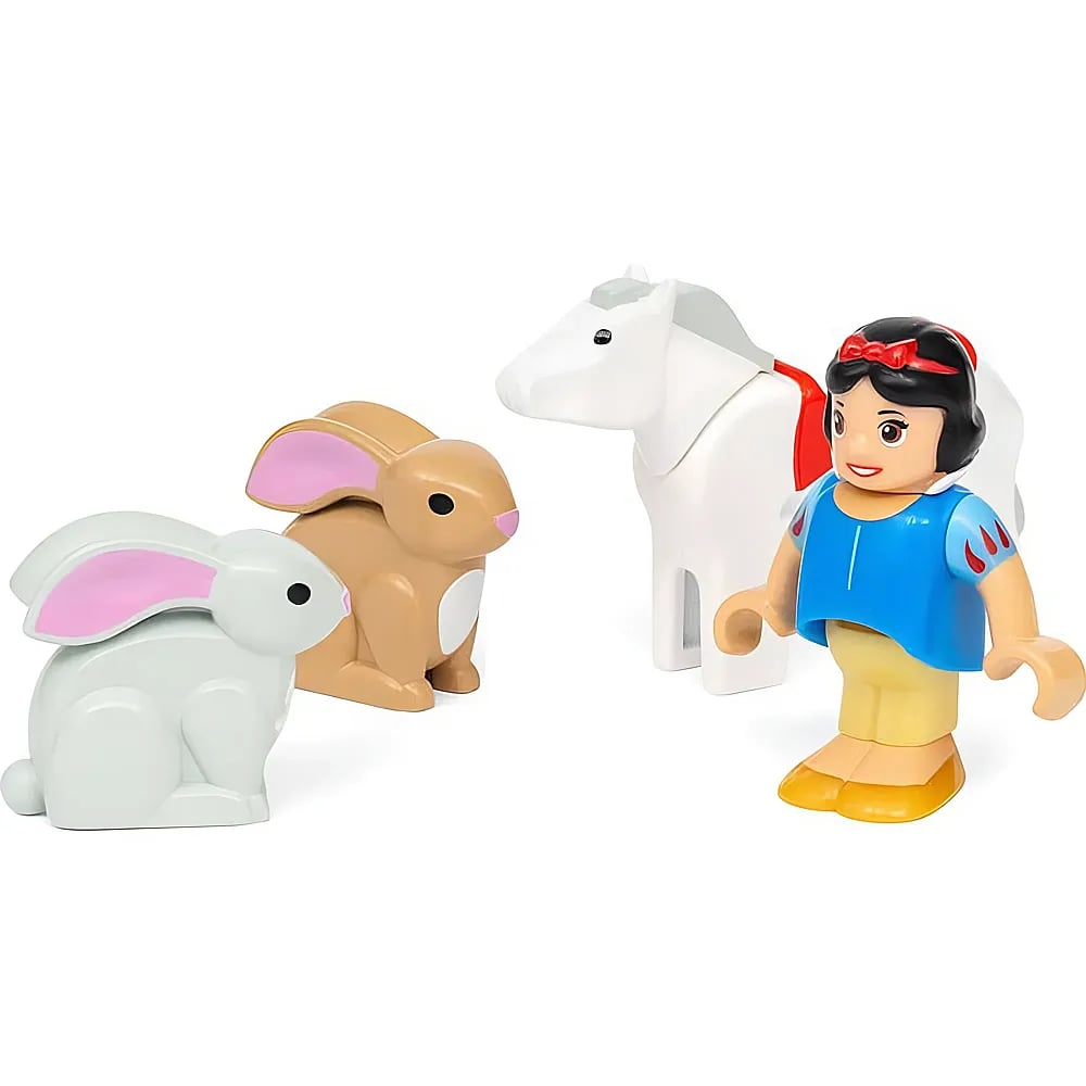 Figure Lego Duplo di Biancaneve, un cavallo bianco, un coniglio marrone e un coniglio grigio su sfondo bianco.