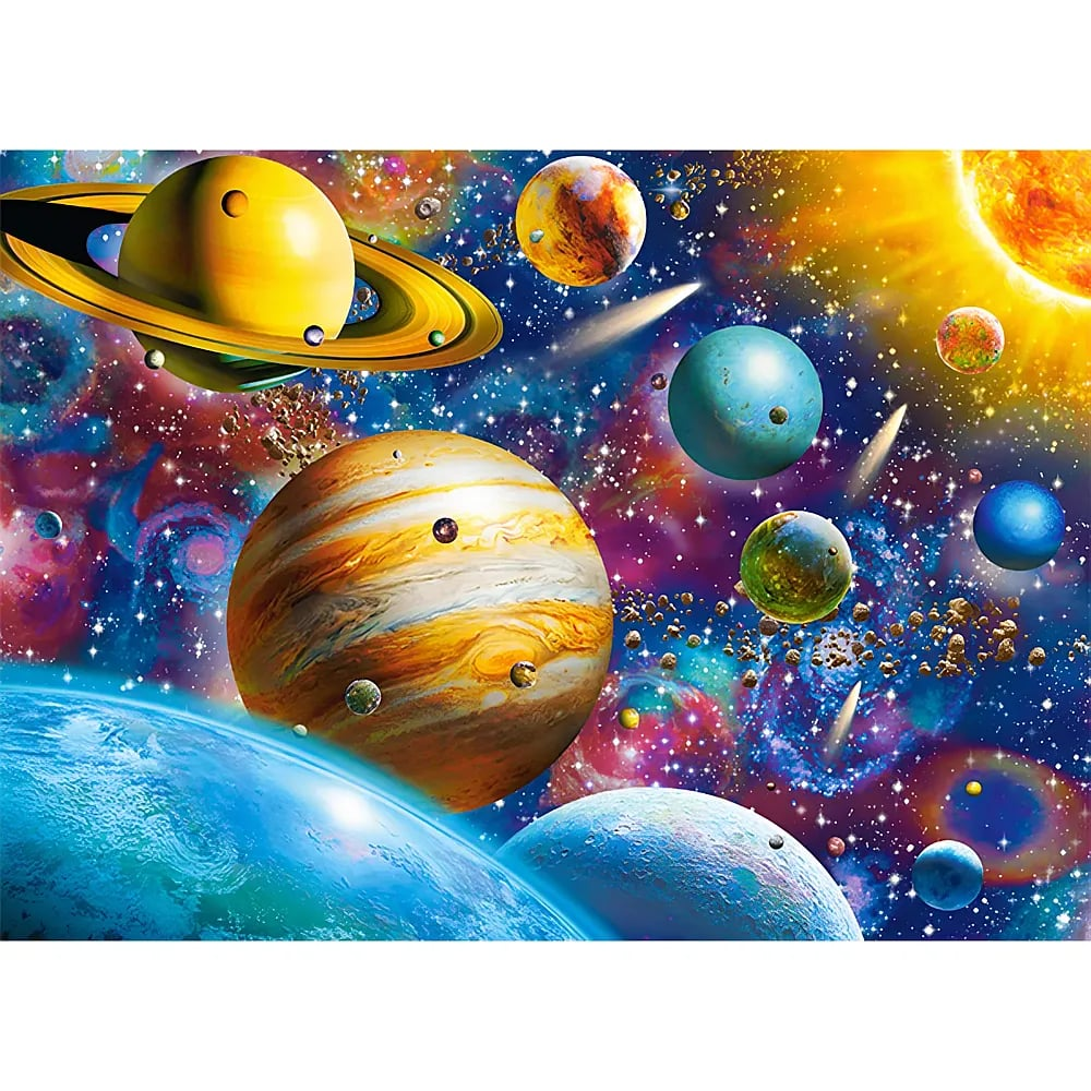 Una colorida escena espacial con planetas, estrellas, galaxias, un sol brillante y cometas.