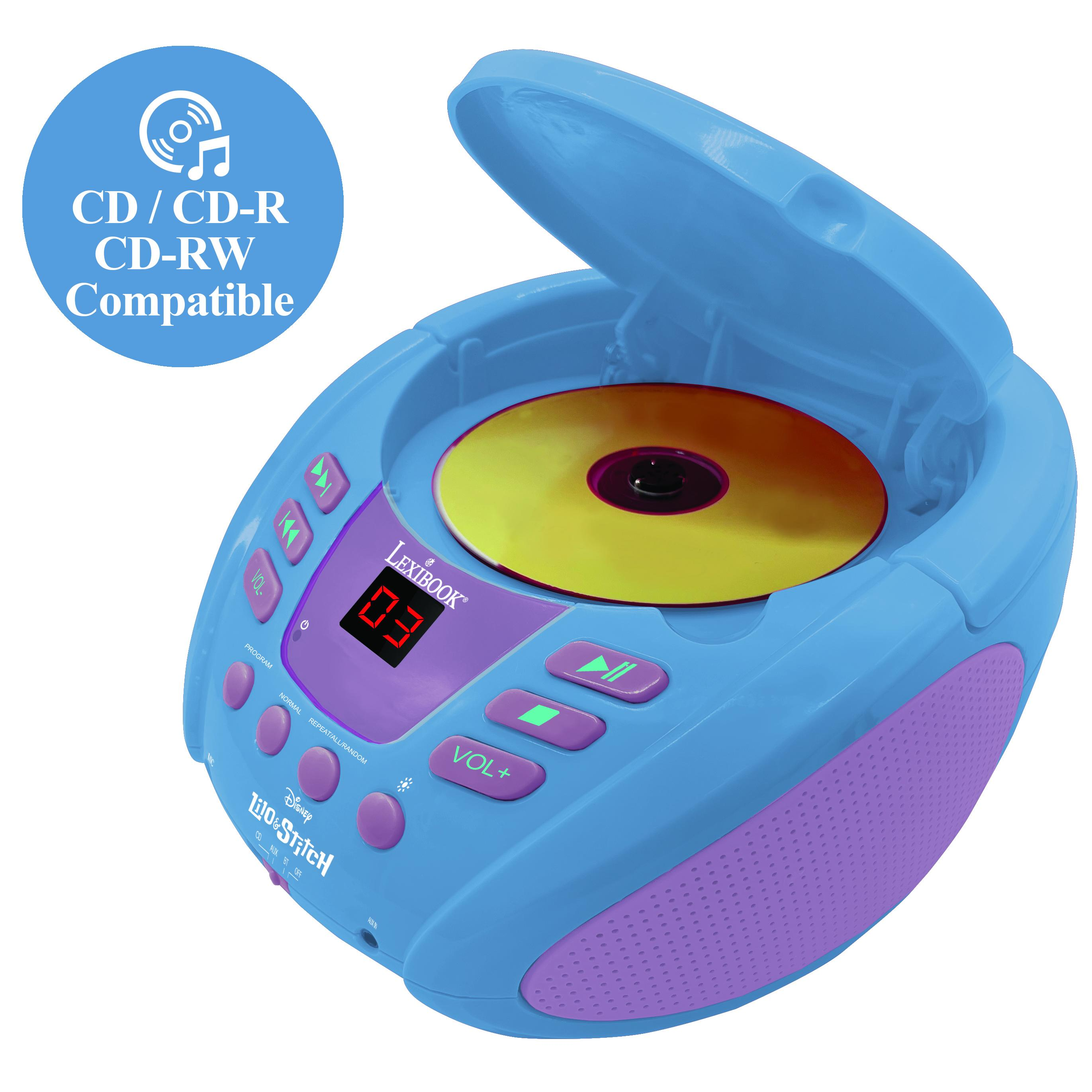 Un lettore CD blu di Lilo & Stitch con coperchio aperto, CD giallo inserito e dettagli viola su sfondo bianco.