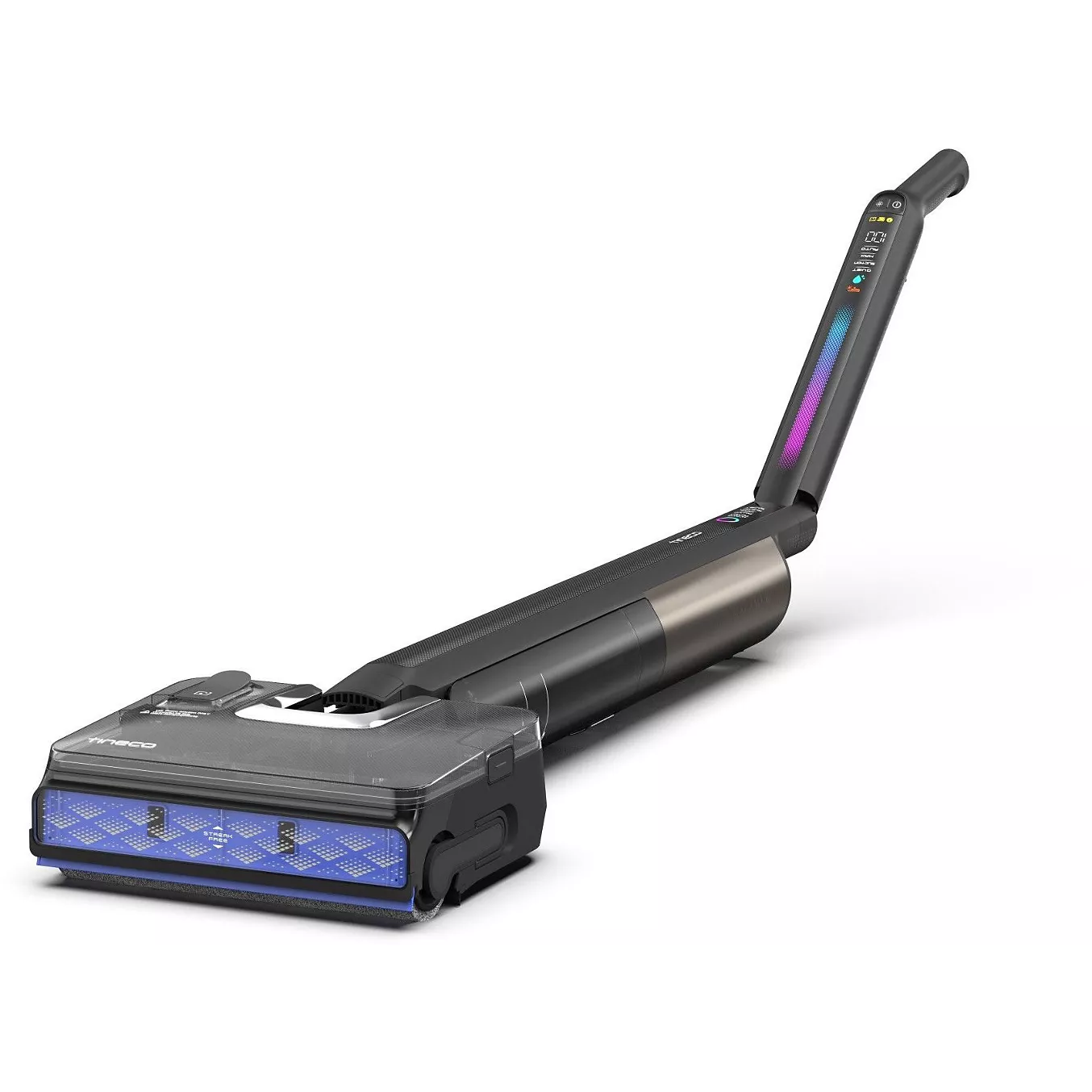 Moderno aspirador escoba inalámbrico negro con pantalla digital y cabezal azul.