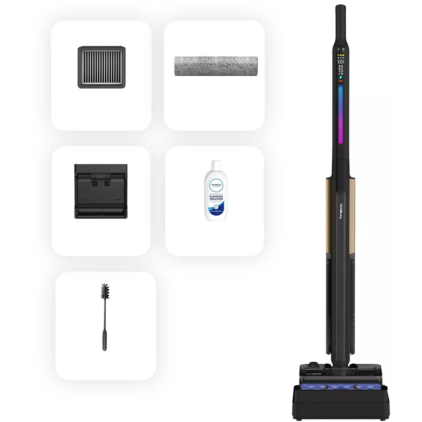 Una aspiradora vertical negra con accesorios que incluyen filtro, cepillo de rodillo, base de carga y solución de limpieza.