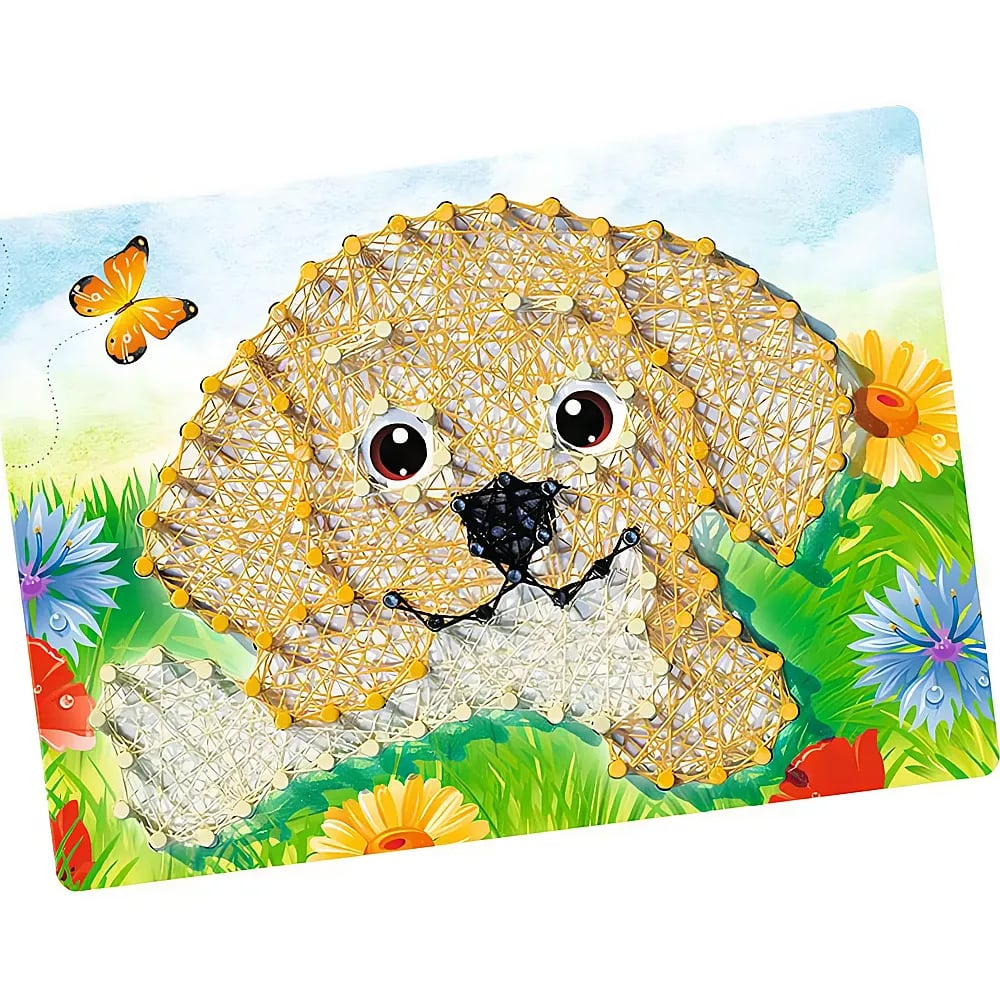 Un kit di string art con il volto di un cucciolo circondato da erba, fiori e una farfalla.