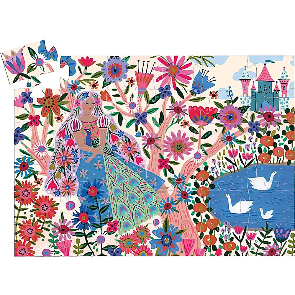 Ein skurriles Puzzle zeigt eine Frau in einem Blumenkleid, ein Schloss und drei Schwäne an einem See.