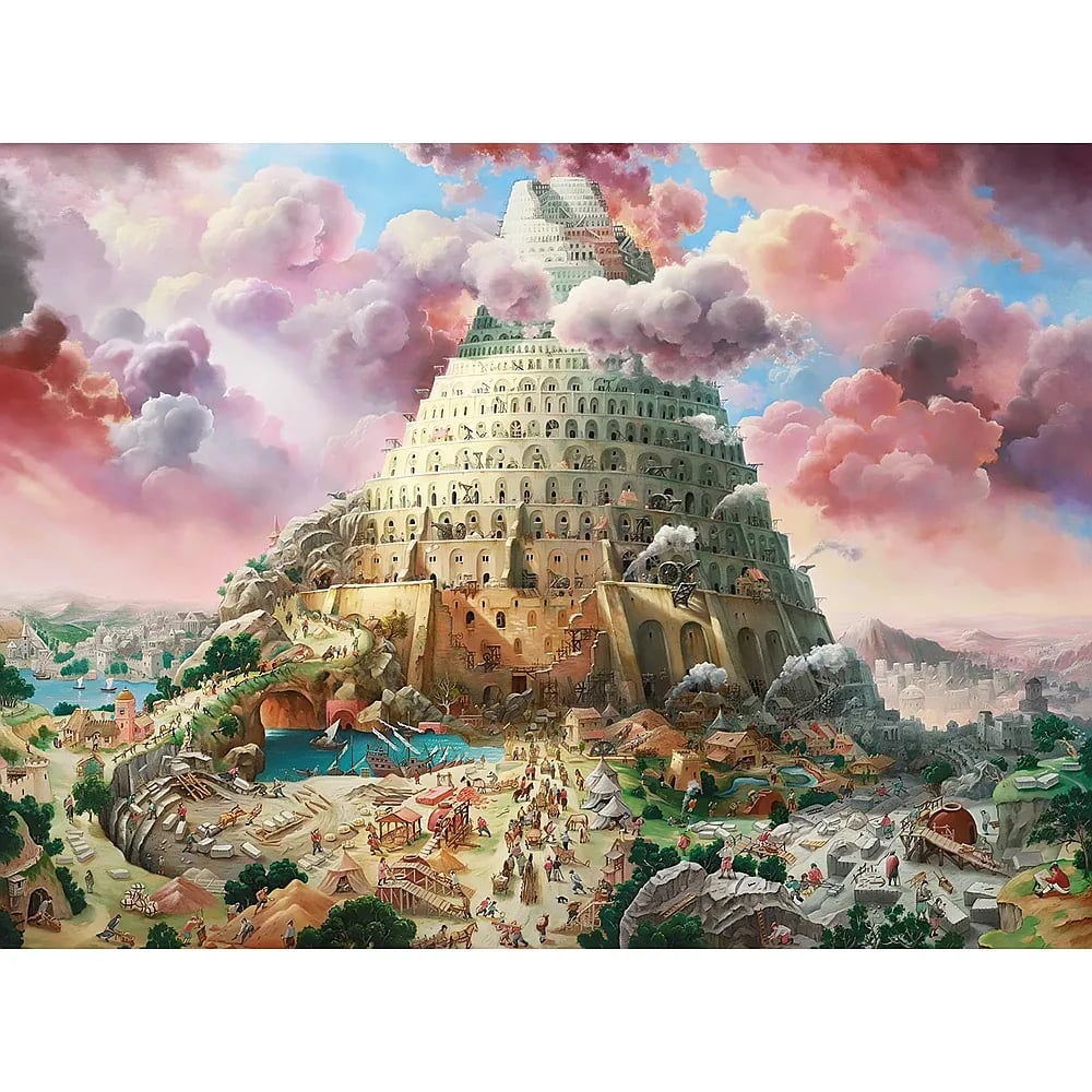 Ein riesiger, detaillierter Turm steht unter rosa und blauen Wolken, umgeben von Arbeitern und einer Landschaft.