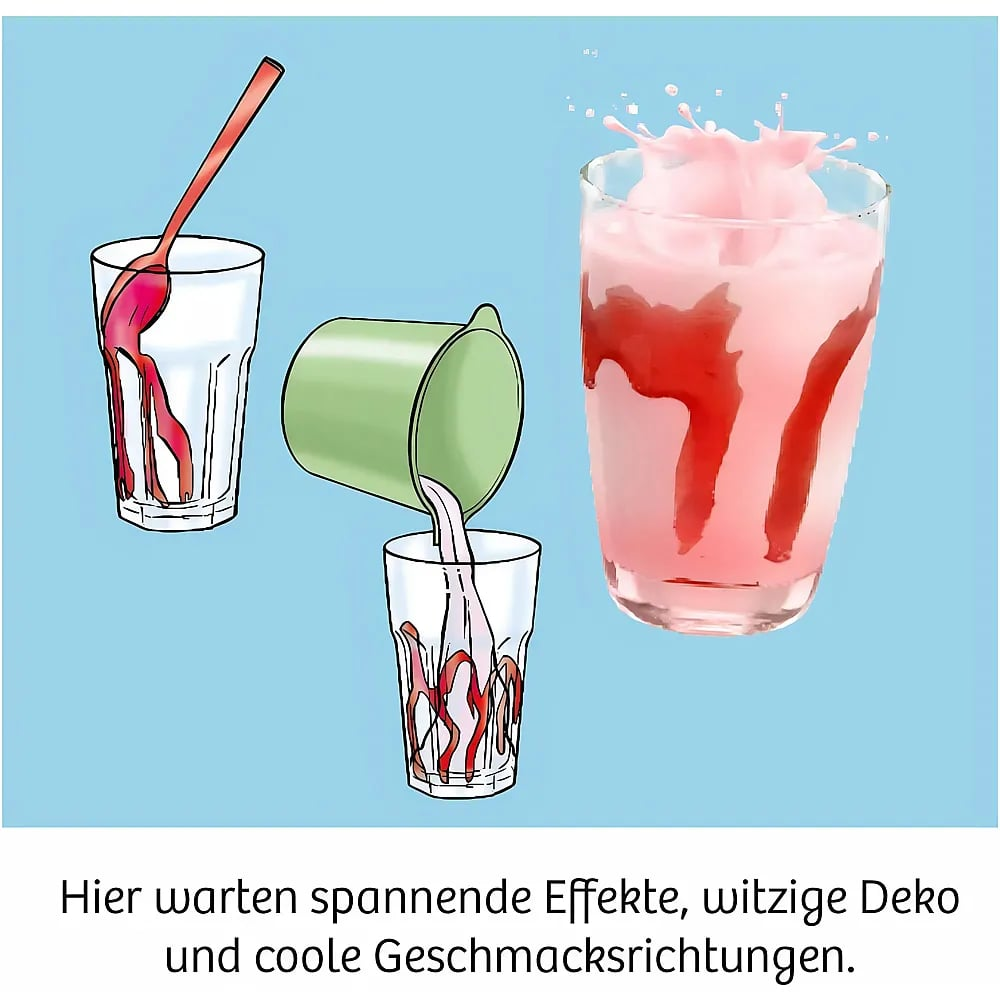 Illustrazione mostra bicchieri con salsa rossa, latte e frullato su sfondo blu.