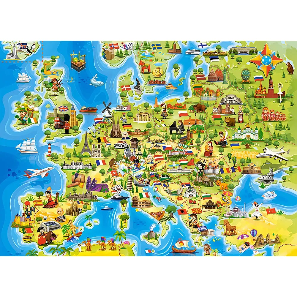 Eine bunte, illustrierte Karte von Europa mit vielen kleinen Figuren, Denkmälern und Flaggen.