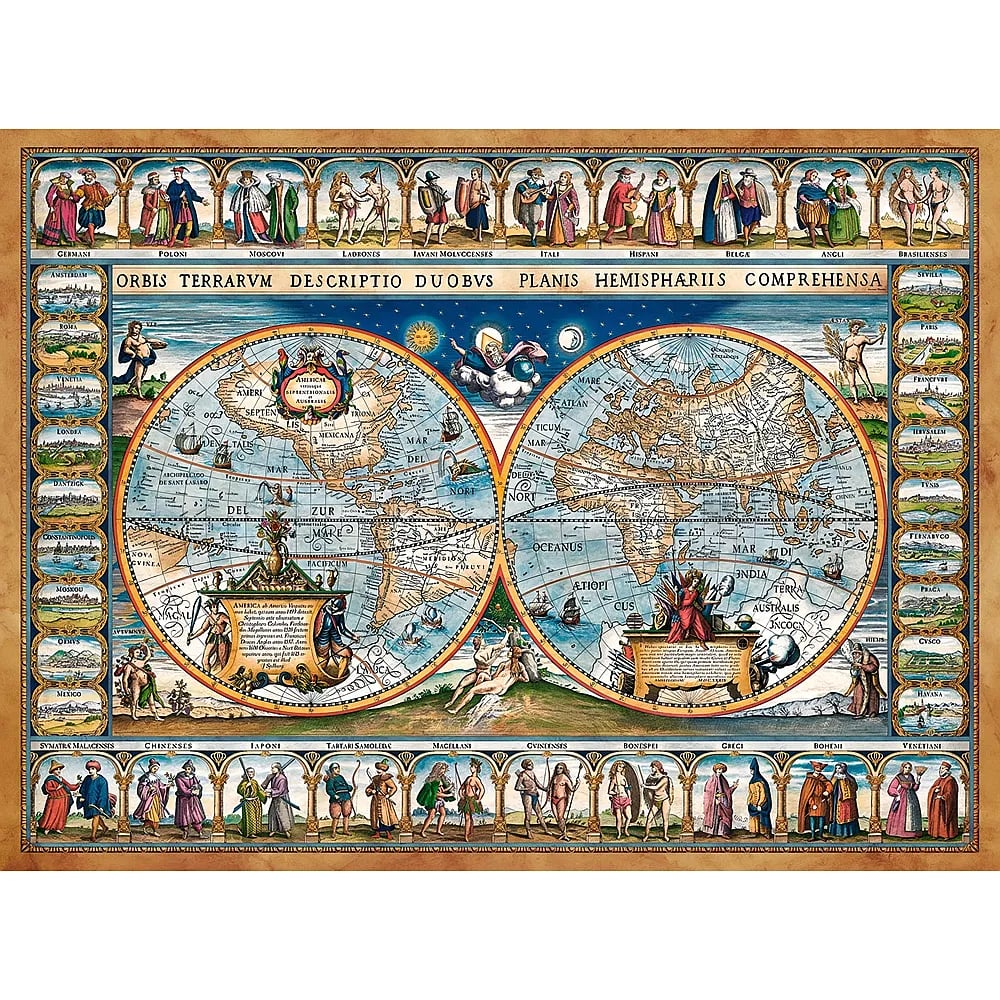 Antike Weltkarte in zwei Hemisphären, eingerahmt von historischen Figuren und Stadtansichten.