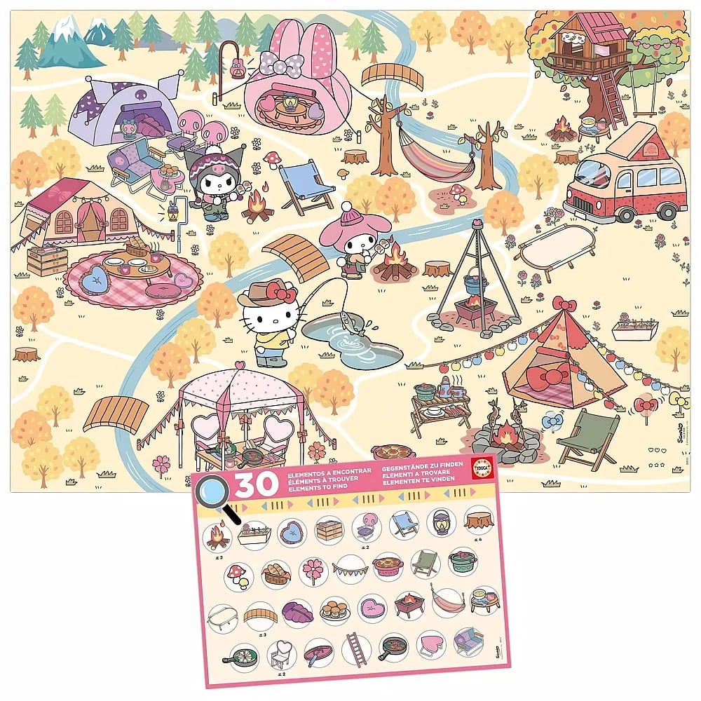 Escena de objetos ocultos con Hello Kitty y amigos acampando en el bosque.