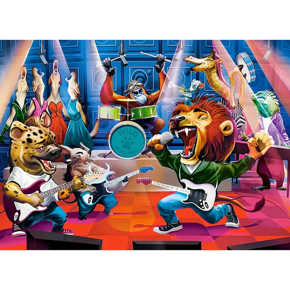 Una banda de animales toca música rock en un escenario con luces coloridas y público.