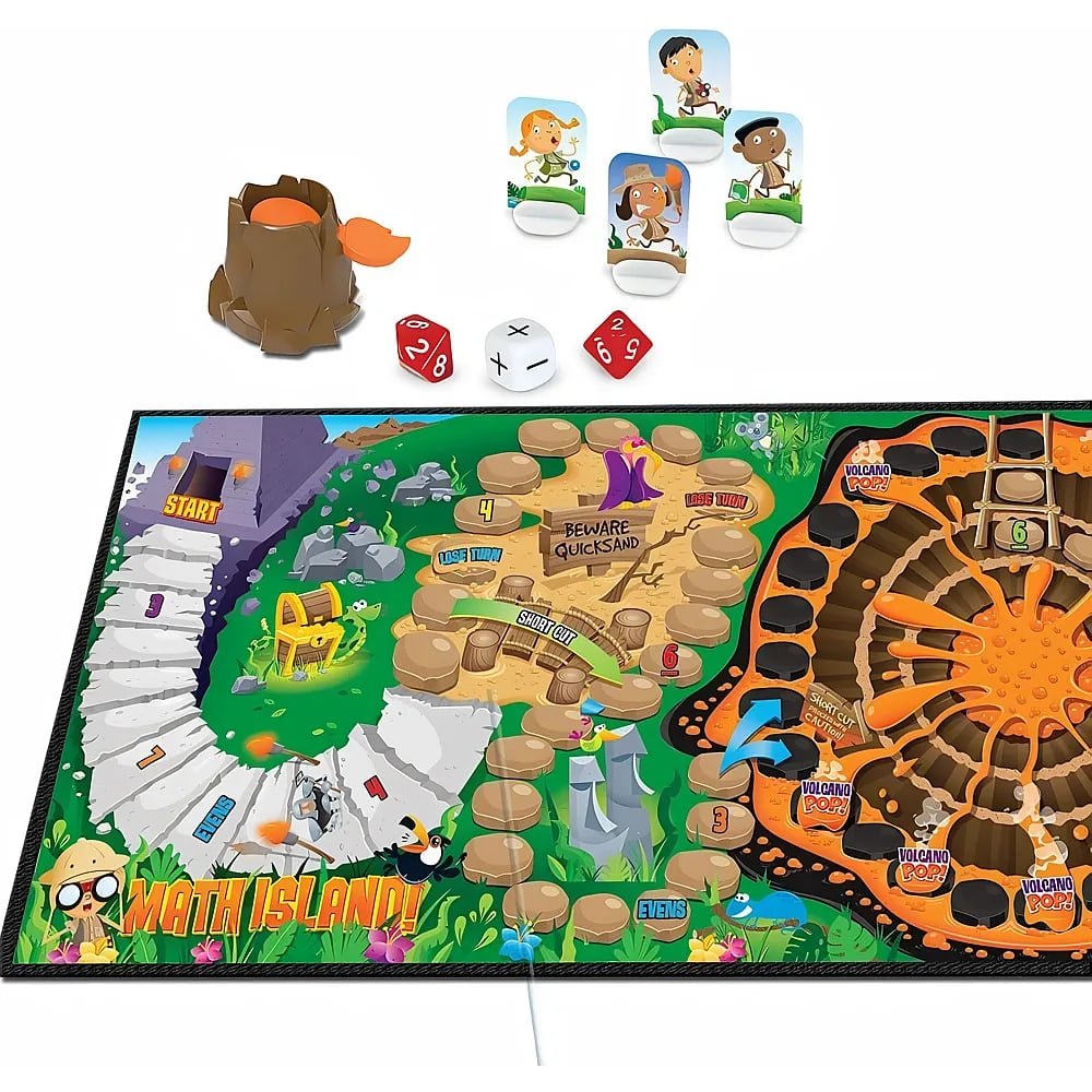 Math Island Brettspiel mit farbigem Spielplan, vier Spielfiguren, roten Würfeln und einem Vulkanmodell.