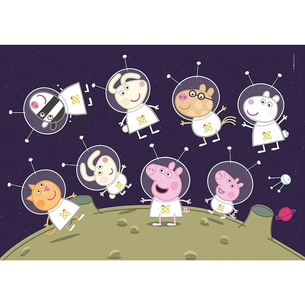 I personaggi di Peppa Pig in tuta spaziale fluttuano sulla luna sotto un cielo viola stellato.