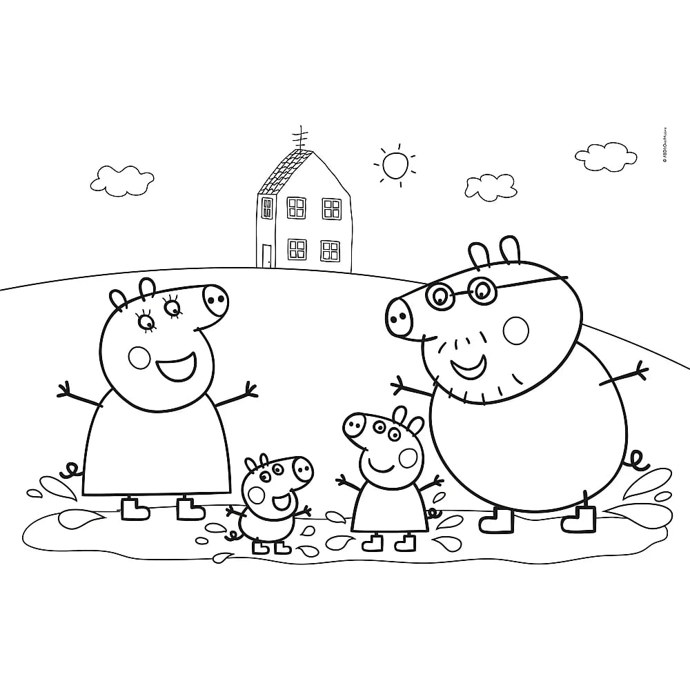 Una pagina da colorare in bianco e nero della famiglia di Peppa Pig che salta nelle pozzanghere di fango.