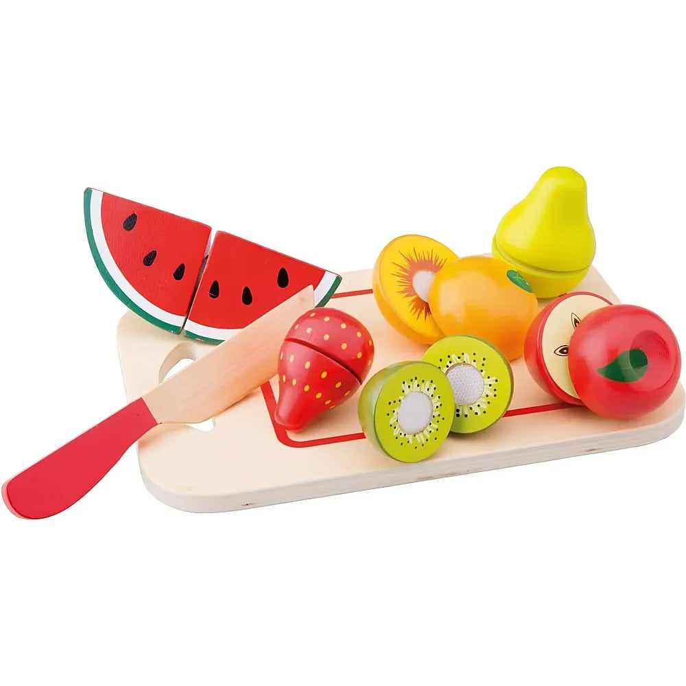 Set di giocattoli in legno con tagliere, coltello e frutta colorata.