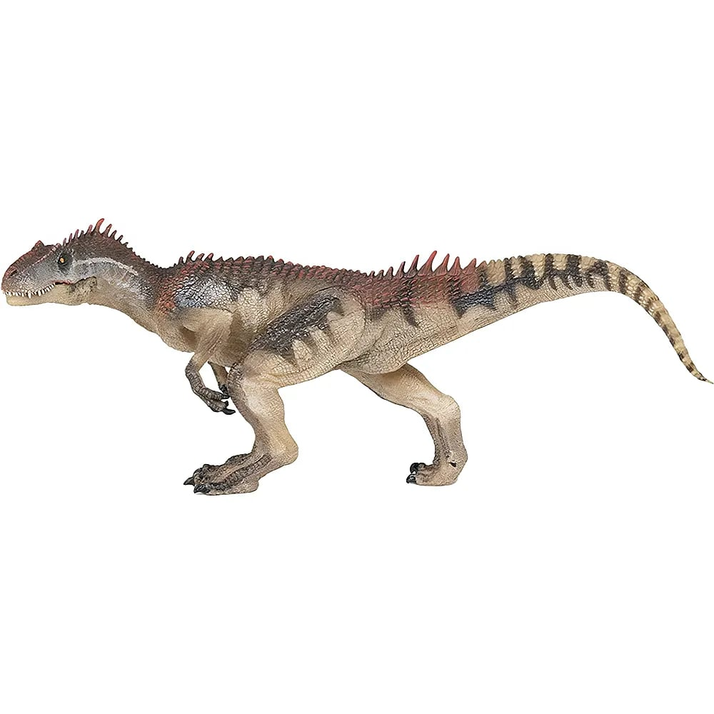 Detailliertes Modell eines braun-grauen fleischfressenden Dinosauriers mit roten Stacheln auf dem Rücken, vor weißem Hintergrund.