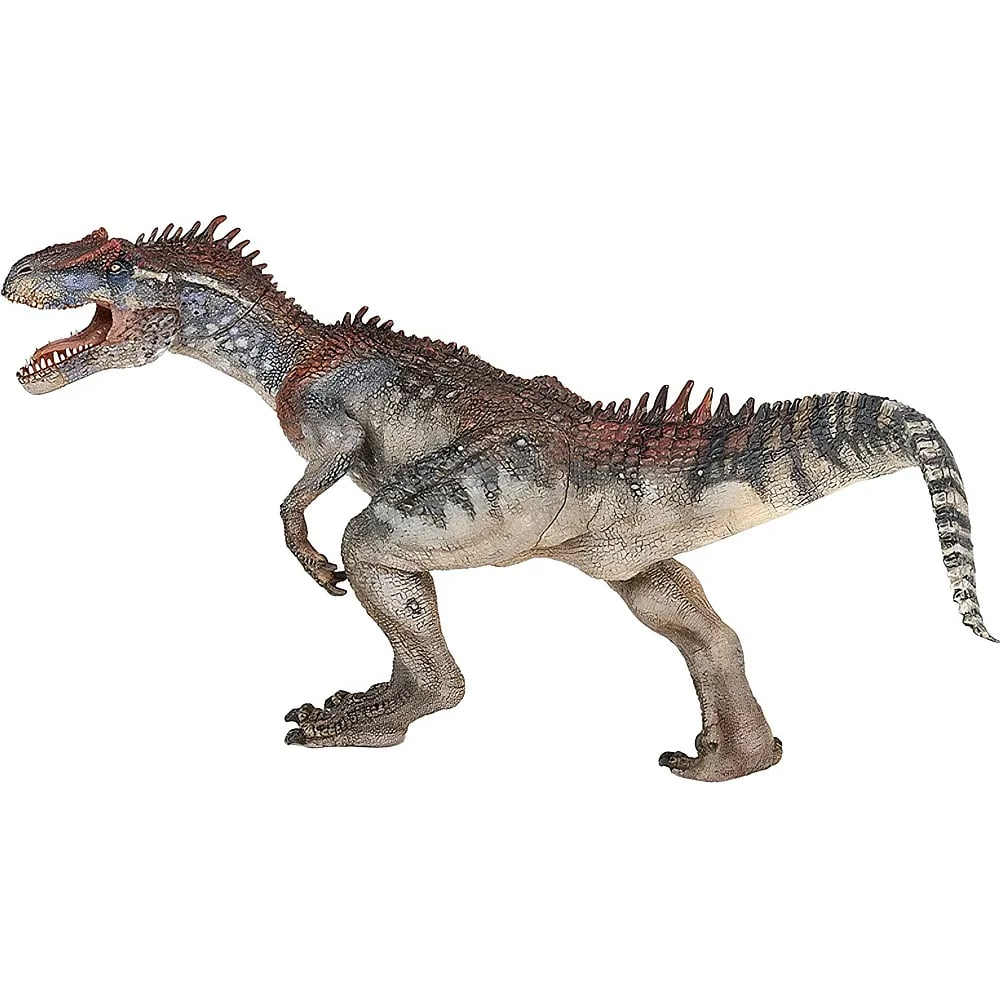 Eine detaillierte Dinosaurier-Spielzeugfigur, rotbraun und grau mit scharfen Zähnen, vor weißem Hintergrund.