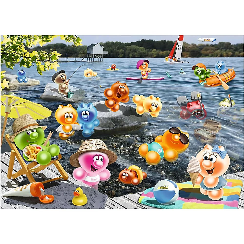 Bunte Gummibärchen-Figuren genießen Sommeraktivitäten an einem See wie Schwimmen, Bootsfahren und Sonnenbaden.