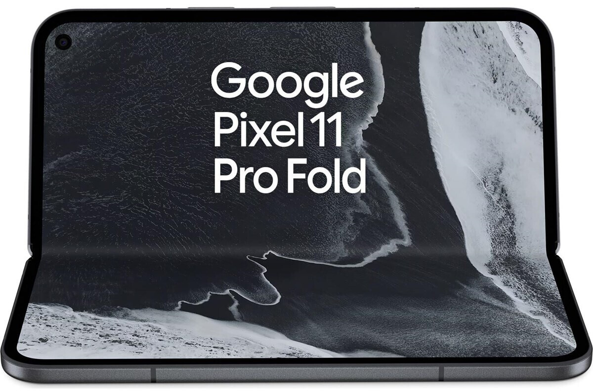 Google Pixel 11 Pro Fold aperto con sfondo in bianco e nero e testo sullo schermo.