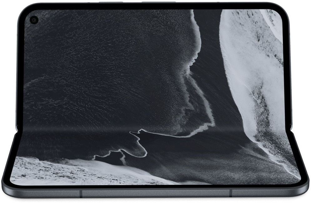 Uno smartphone pieghevole aperto, che mostra uno sfondo di spiaggia aerea in bianco e nero.