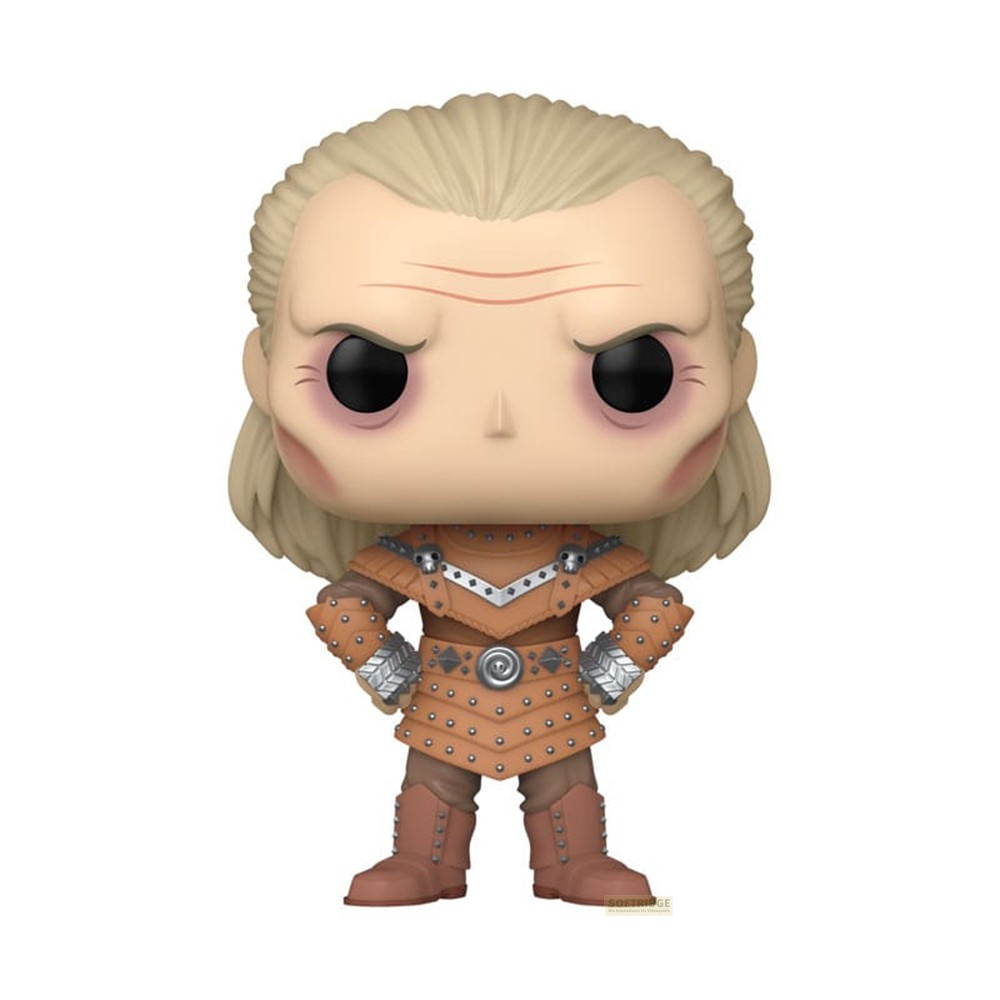 Una figura de vinilo de Geralt de The Witcher con largo cabello rubio, ojos oscuros y armadura marrón con tachuelas.