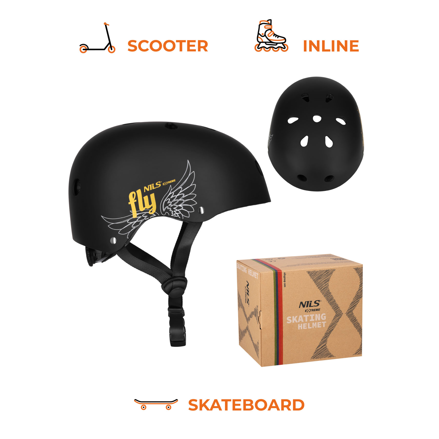 Czarny kask do jazdy na rolkach Nils Extreme z grafiką skrzydeł, z boku i od góry, z pudełkiem.