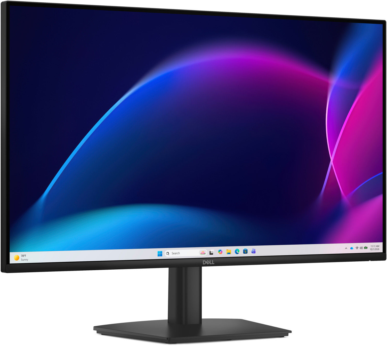 Un monitor Dell mostra un desktop colorato con linee curve blu e magenta.