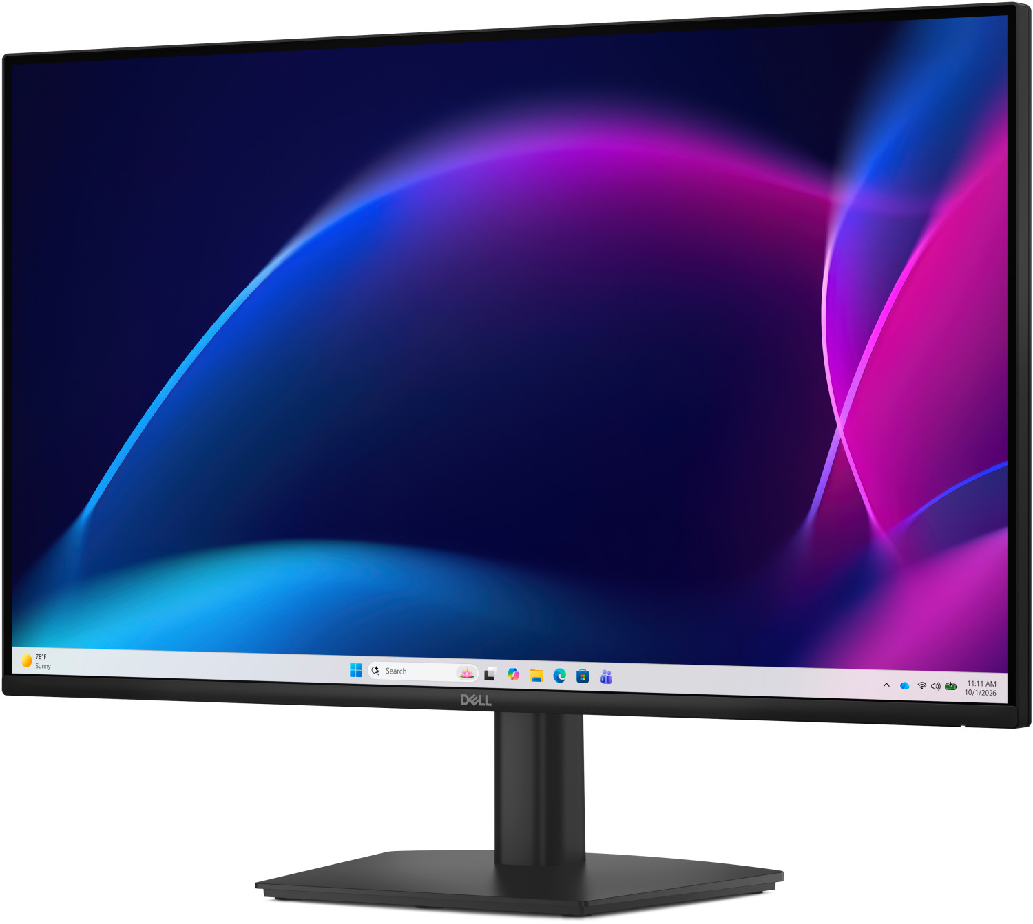 Un monitor Dell nero mostra uno sfondo del desktop colorato con Windows 11.