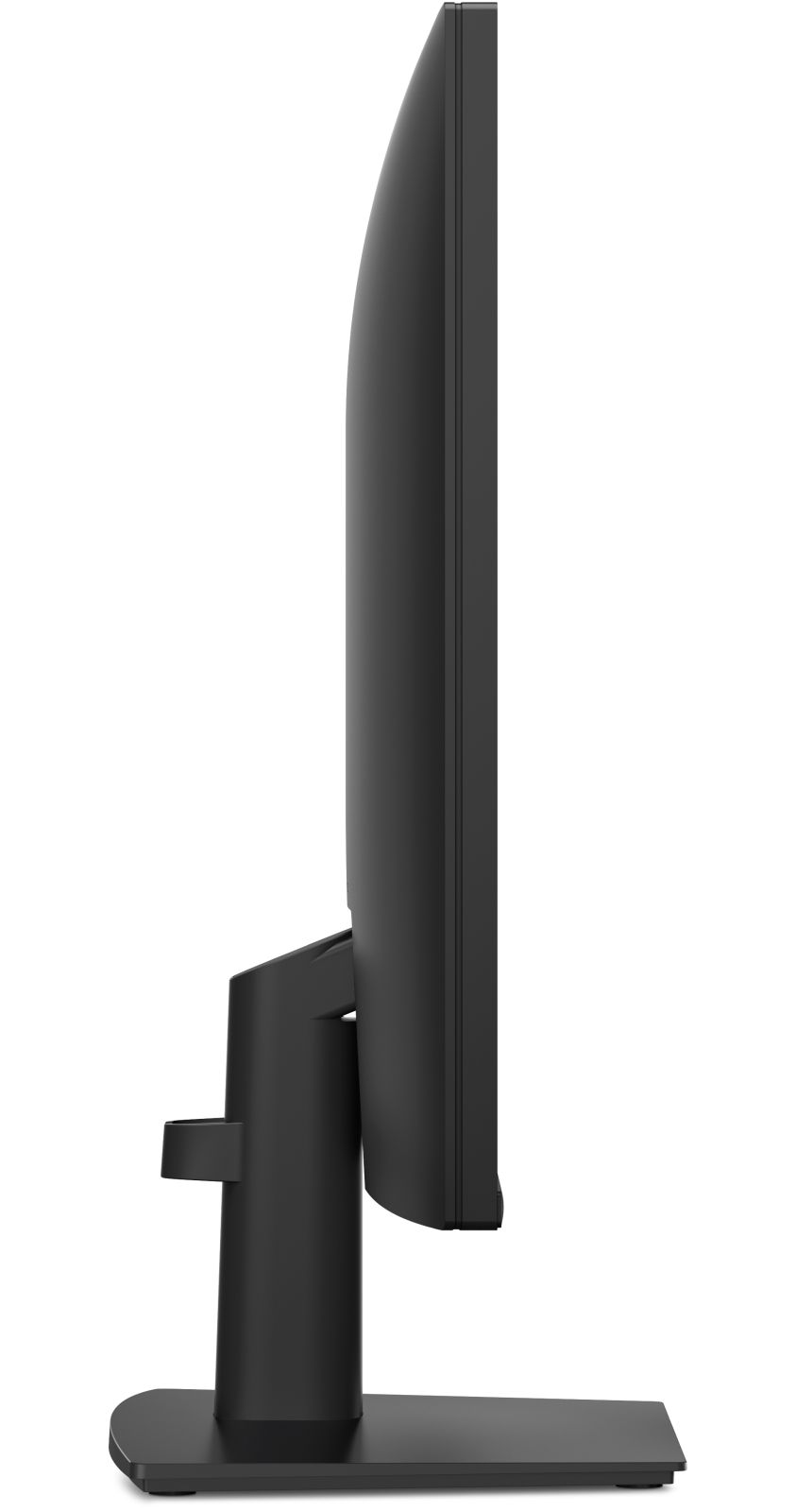 Vista laterale di un moderno monitor per computer nero con supporto e base piatta su sfondo bianco.