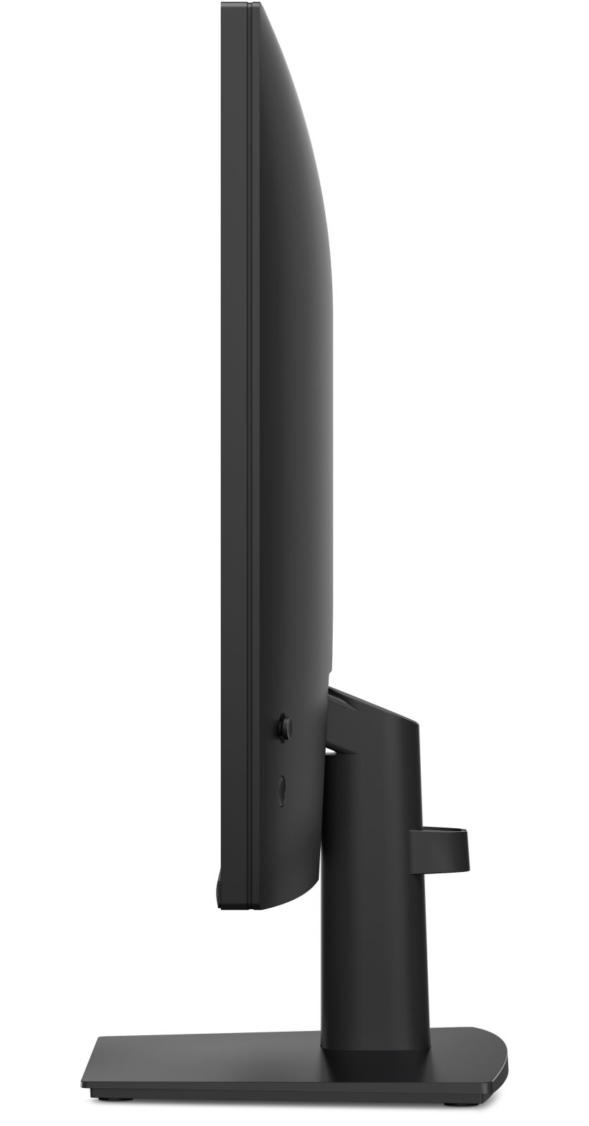 Vista laterale di un monitor per computer nero su supporto, che mostra il suo profilo curvo sottile.