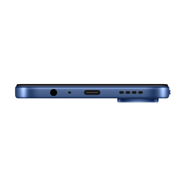 Unterseite eines blauen Smartphones mit Kopfhöreranschluss, USB-C-Anschluss und Lautsprecher auf weißem Hintergrund.