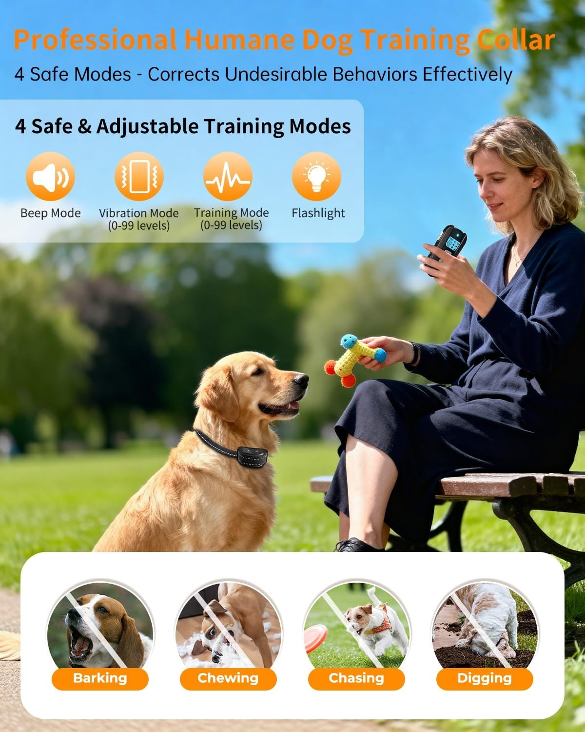Eine Frau sitzt auf einer Bank mit einem Hund, der ein Trainingshalsband trägt, im Park.