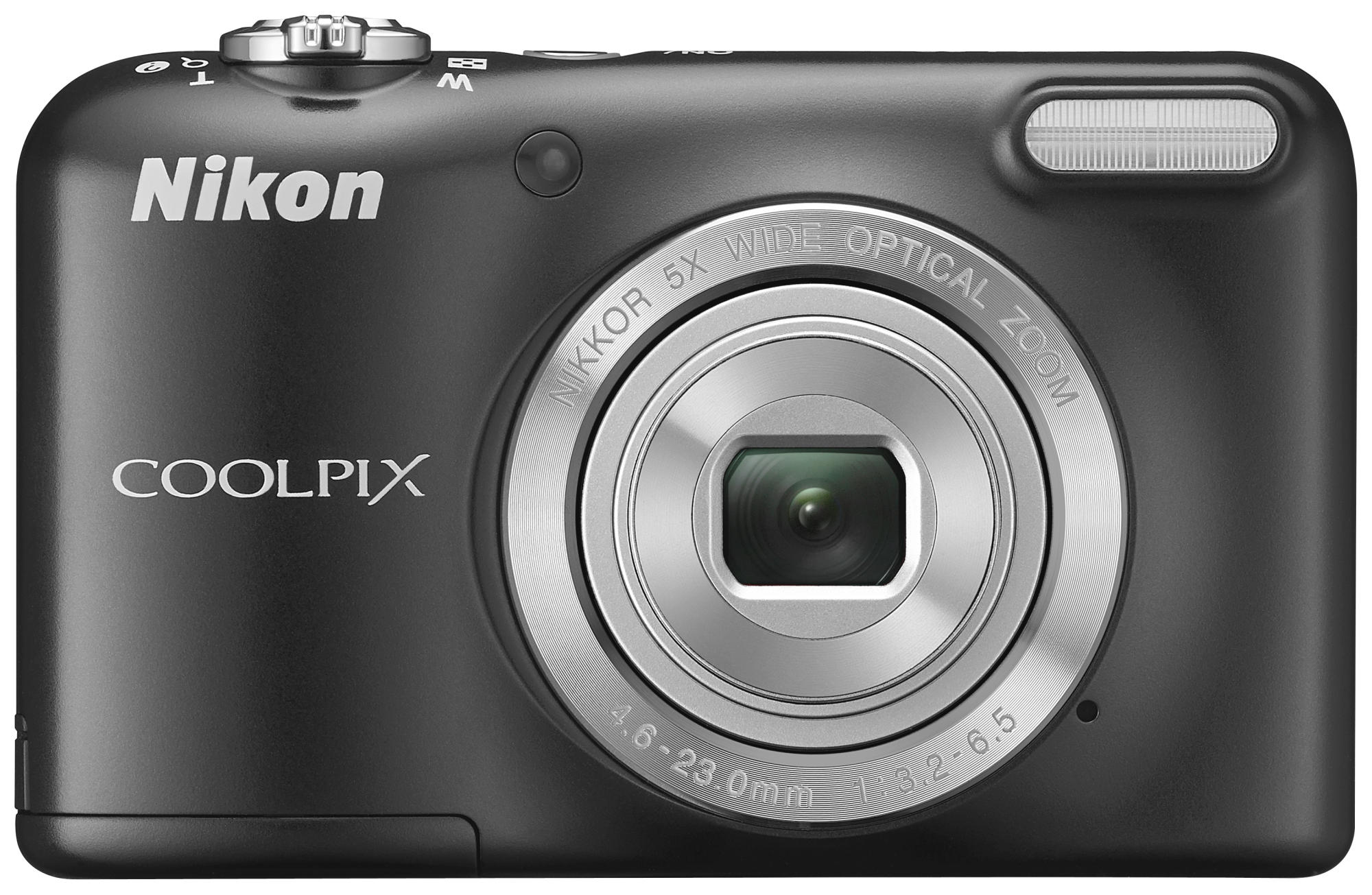 Una cámara compacta Nikon Coolpix negra con lente plateada y flash integrado.