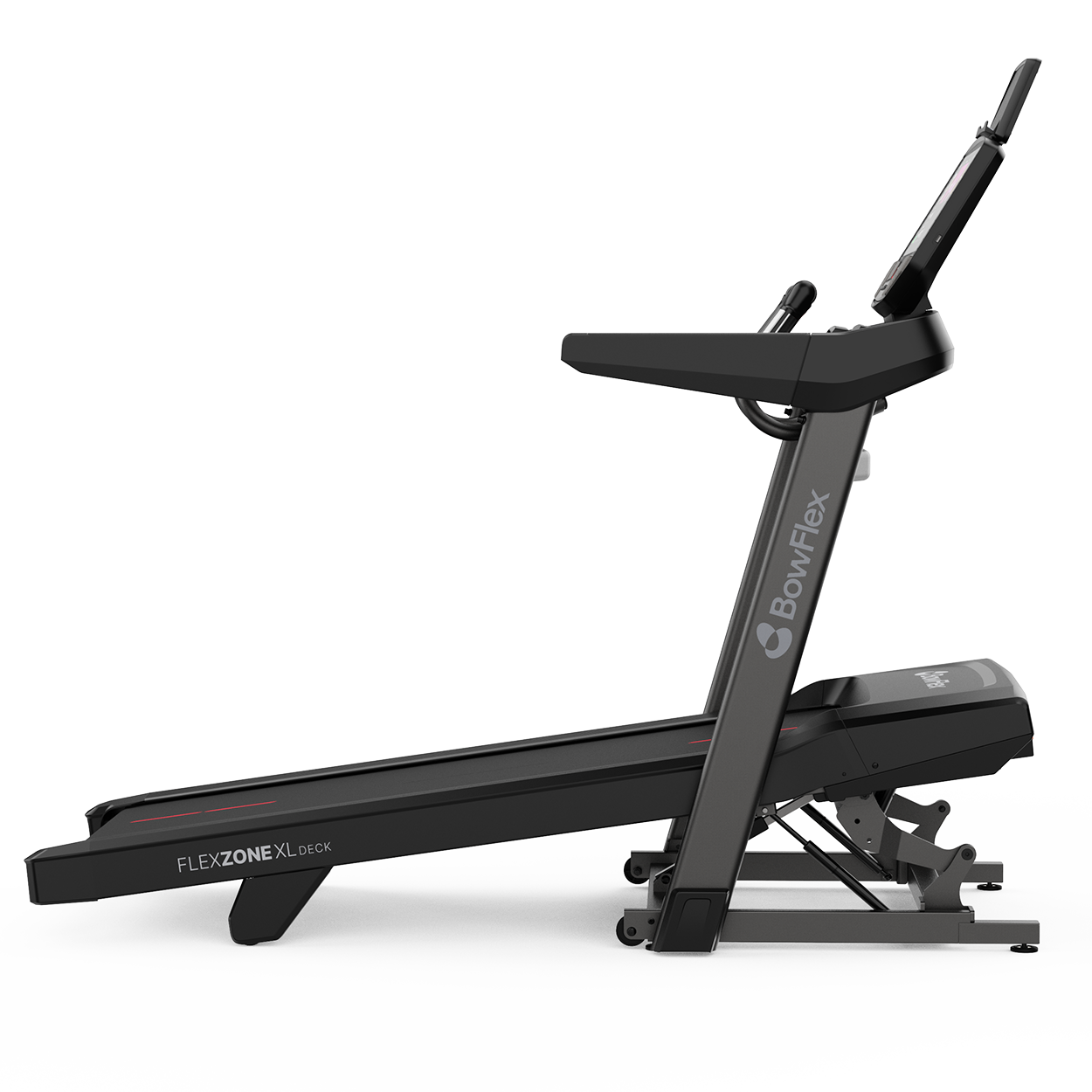Ein schwarzes BowFlex Laufband mit Display in Seitenansicht auf weißem Hintergrund.