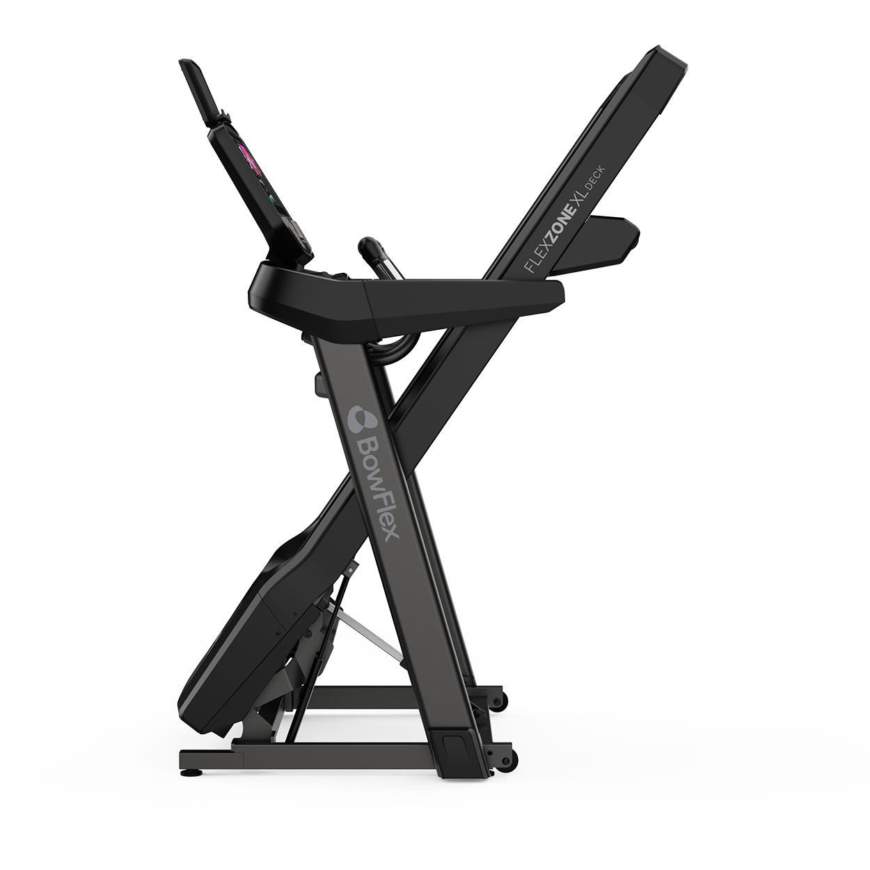 Ein schwarzes BowFlex Laufband in aufrechter, zusammengeklappter Position auf weißem Hintergrund.
