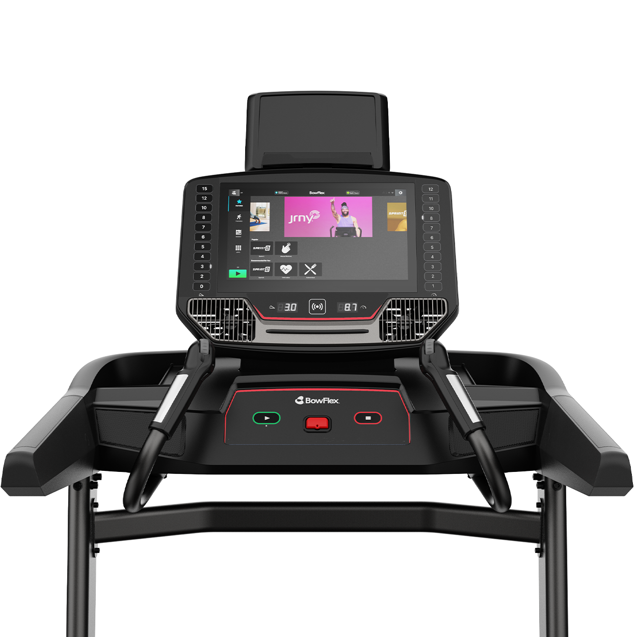 Schwarzes Laufband-Bedienfeld mit Touchscreen, Handläufen und Bowflex-Logo auf weißem Hintergrund.