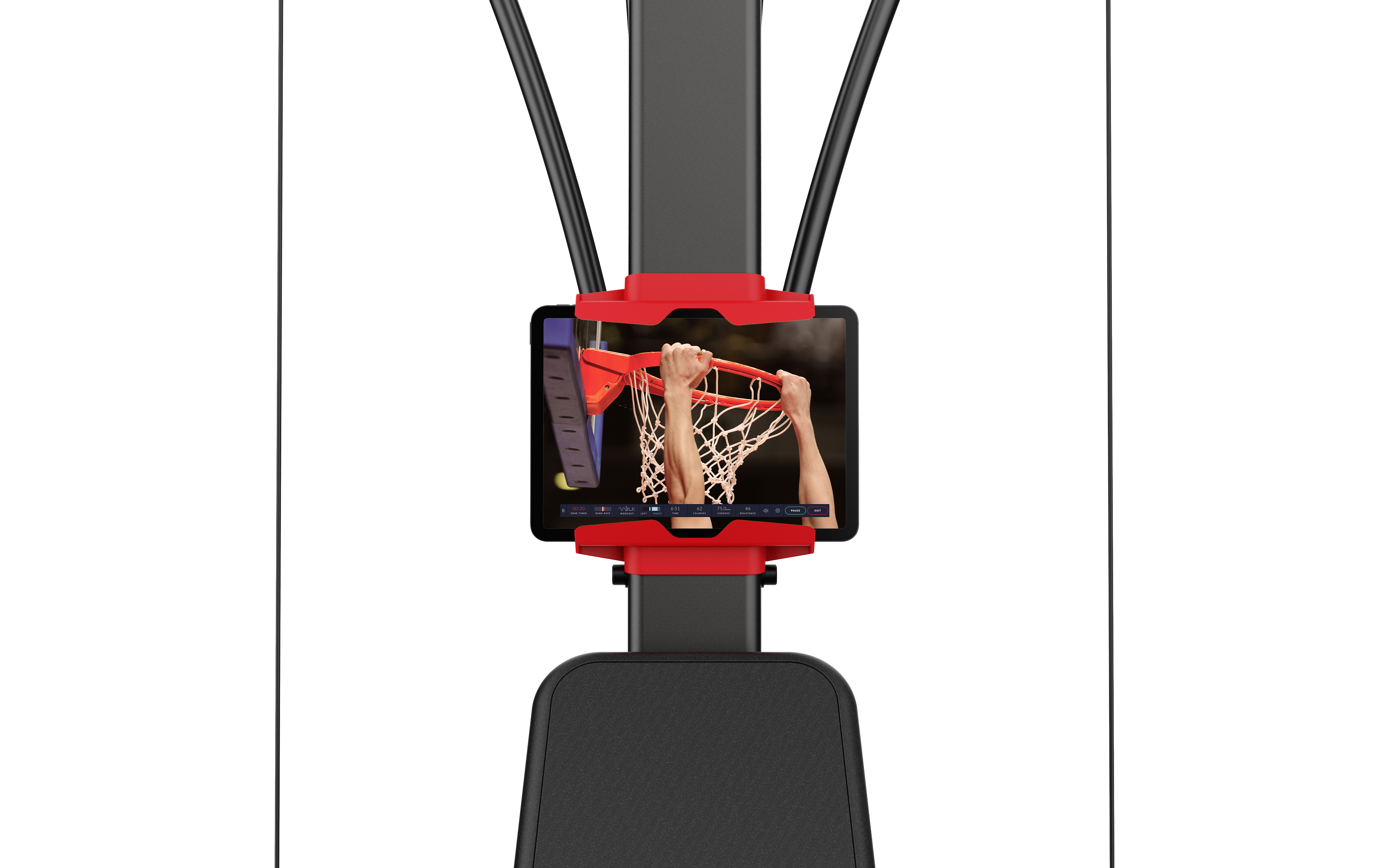 Ein Tablet in einer roten Halterung an einem Sportgerät zeigt einen Basketballspieler beim Korbwurf.