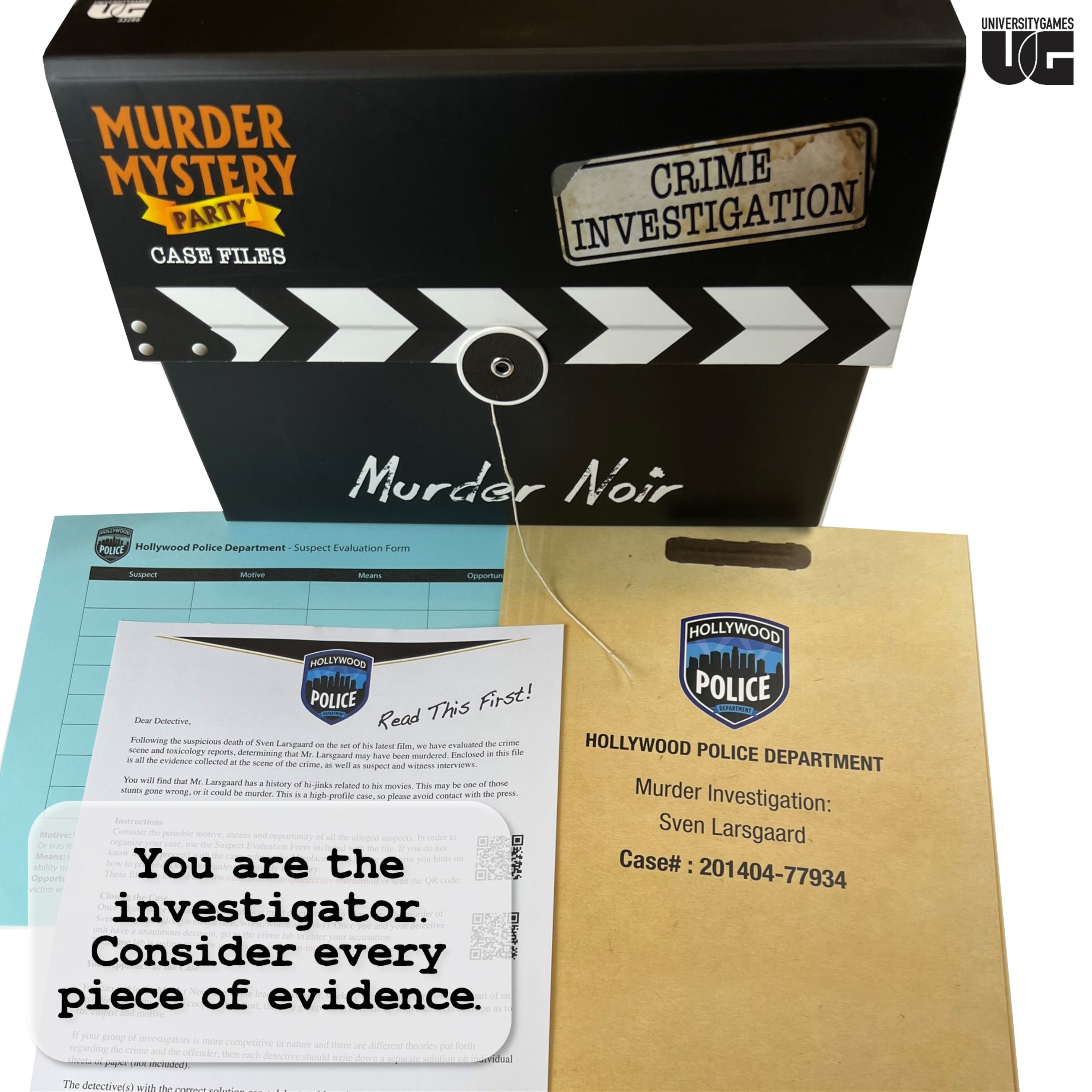 Mordmysterium-Fallaktentasche mit Hinweisen, Akten und Beweisen.