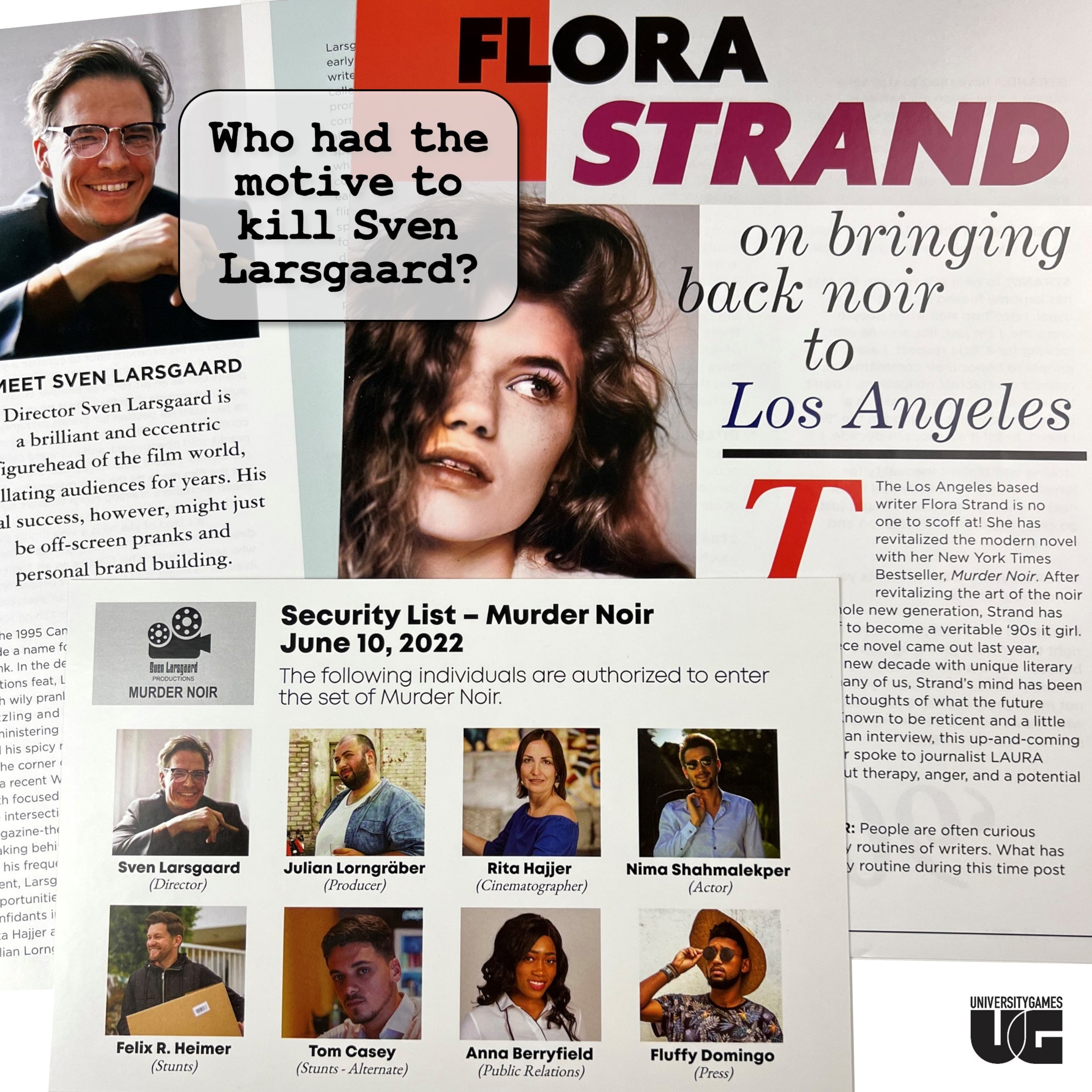 Magazinseite über Flora Strand mit Porträts und einer Sicherheitsliste für Mord Noir.