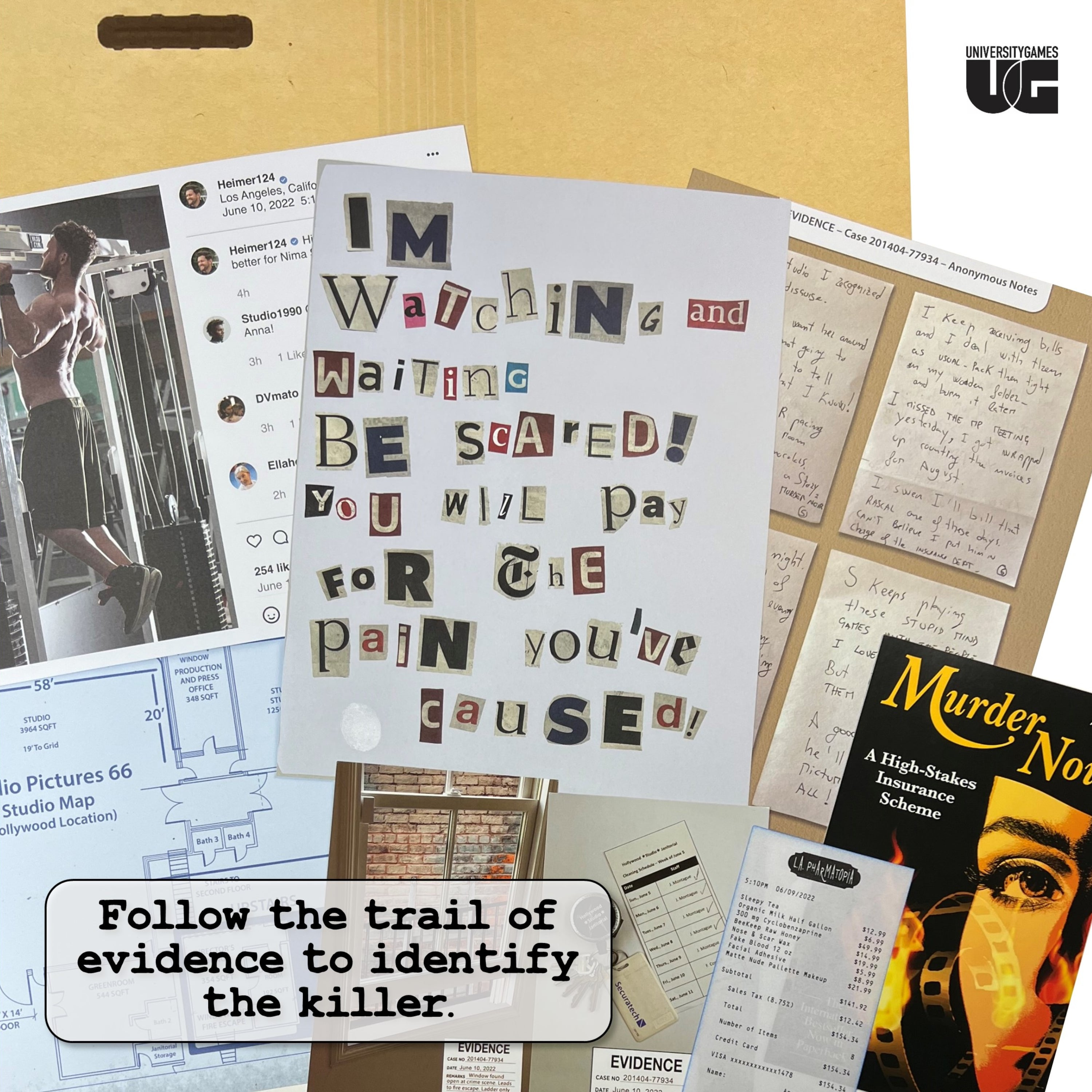 Ein Krimi-Hinweisblatt mit Erpresserbrief, Social-Media-Profil, Notizen, Bauplan und einem Mordnotiz-Buch.