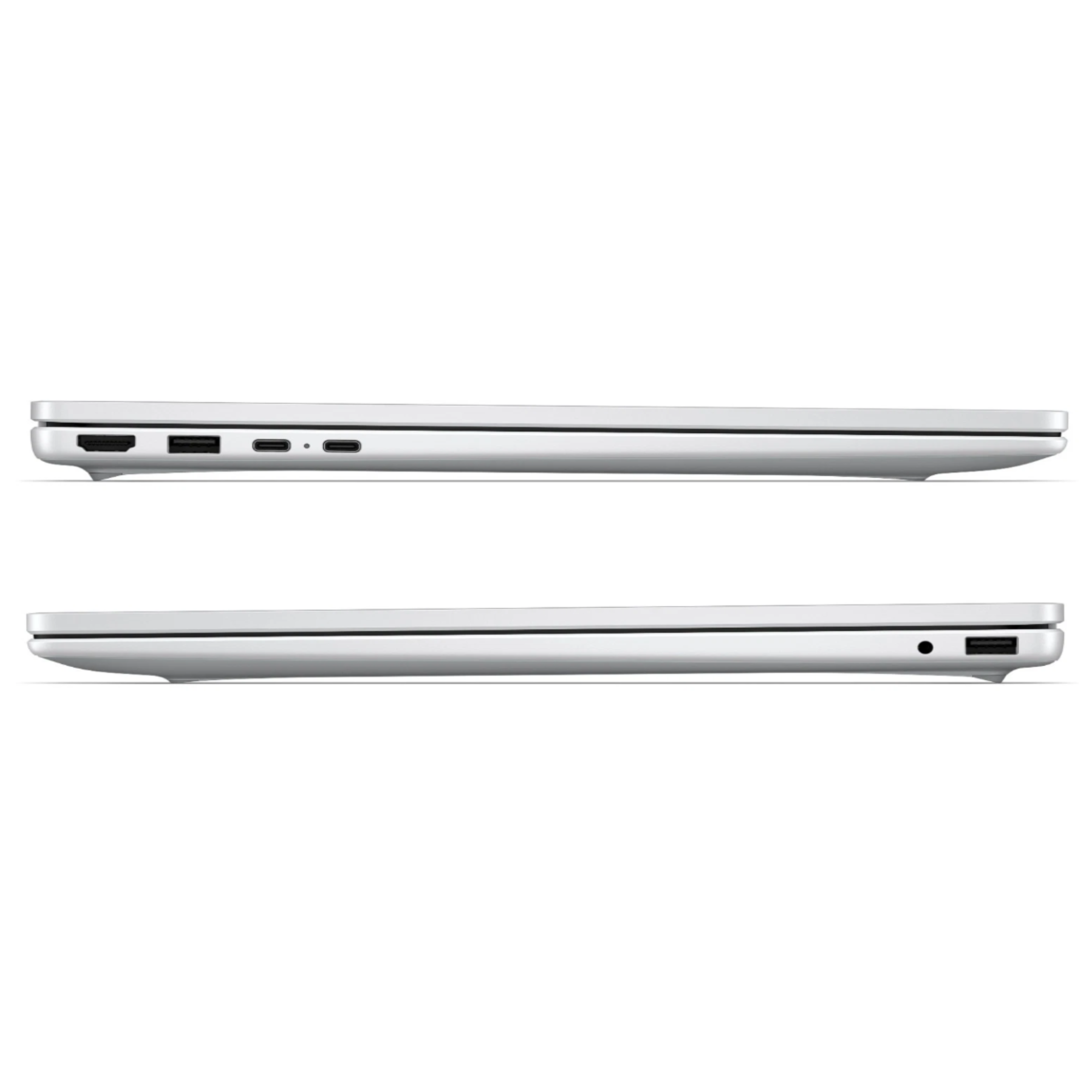 Seitenansicht eines silbernen Laptops mit Anschlüssen auf beiden Seiten vor weißem Hintergrund.