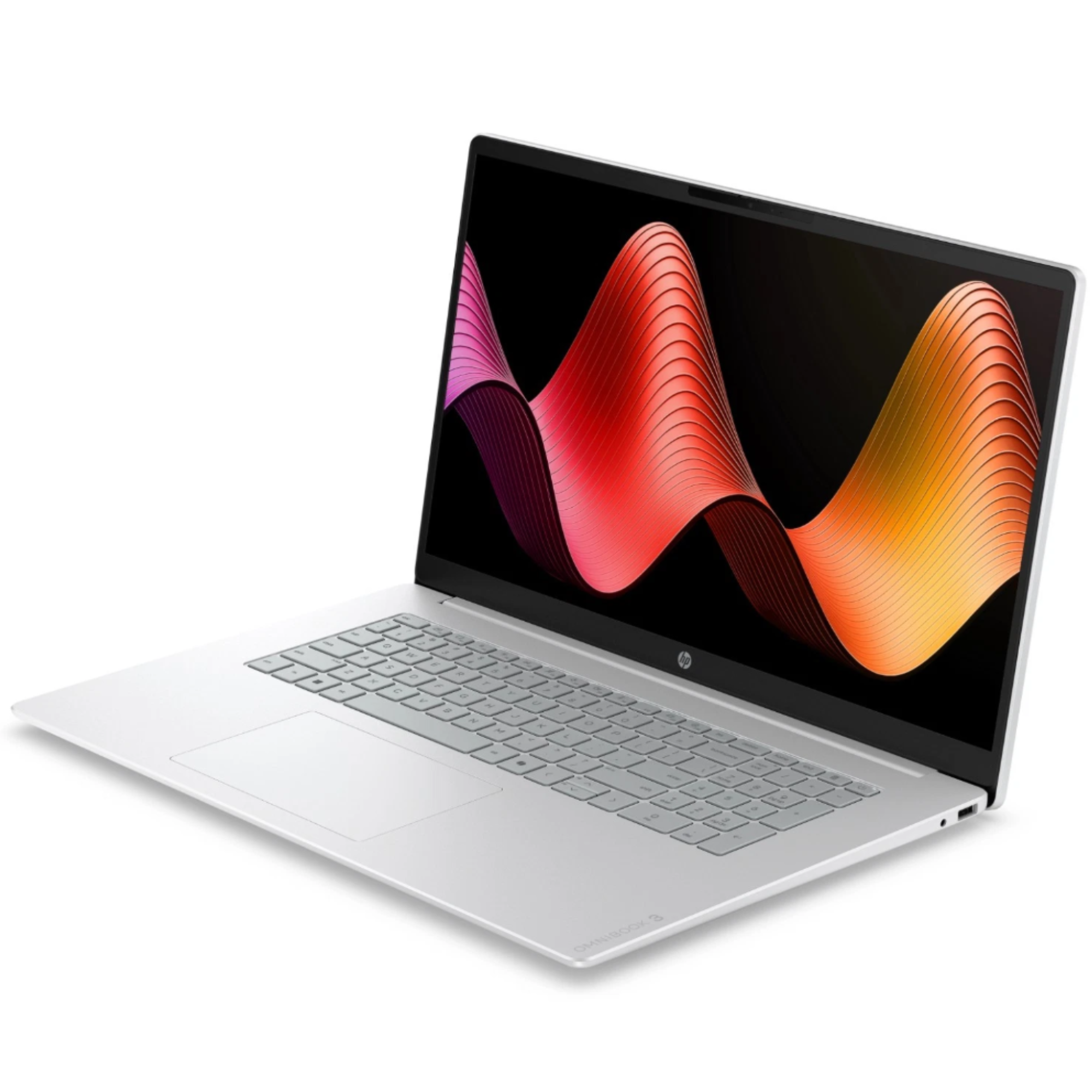 Ein silberner Laptop mit schwarzem Rahmen zeigt auf dem Bildschirm eine abstrakte Welle in Rot, Violett und Gelb.