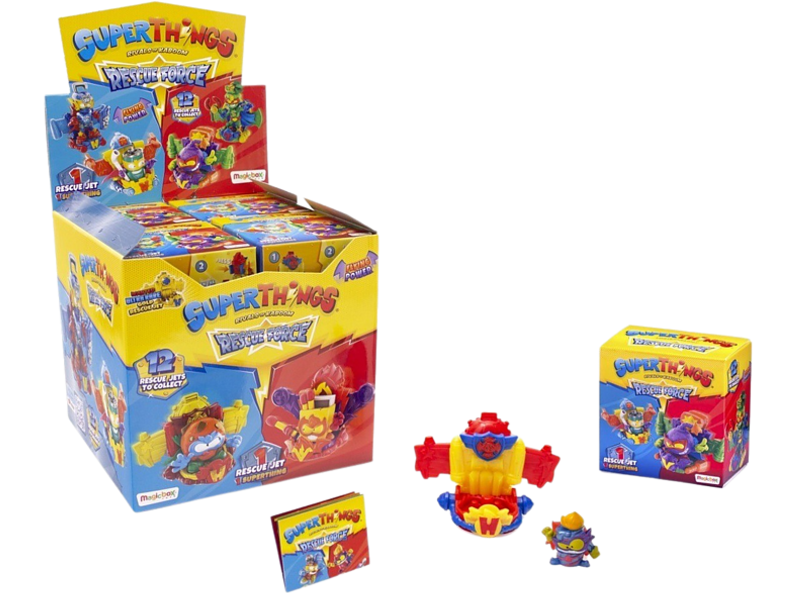 Caja expositora SuperThings Rescue Force con aviones de juguete, una figura pequeña y un folleto.