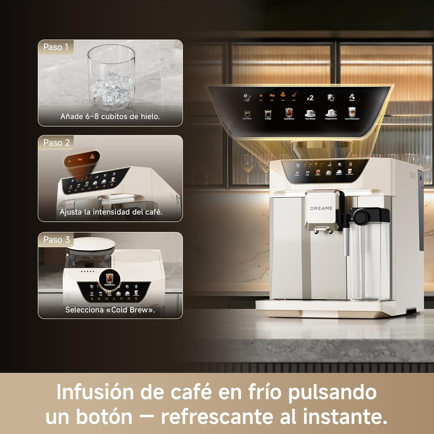 Cafetera Dreame beige en una encimera con tres pasos instructivos para hacer café frío a la izquierda.