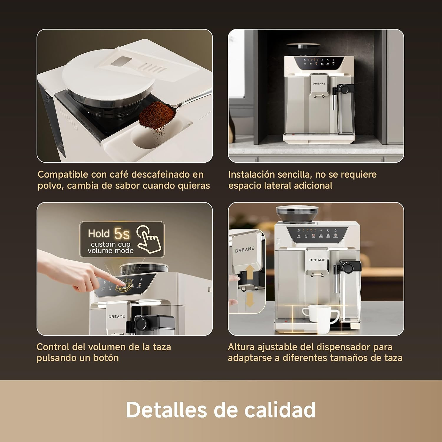 Cuatro imágenes muestran funciones de una cafetera blanca con tolva para café molido, controles táctiles y dispensador ajustable.