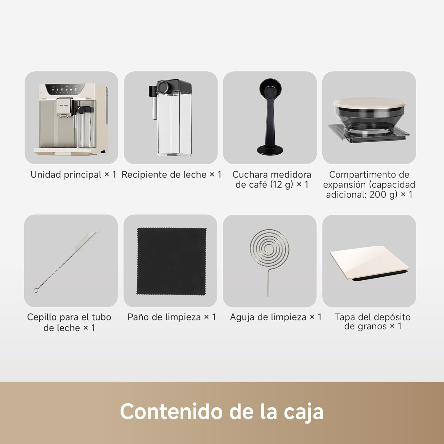 Resumen del contenido de la caja con cafetera y accesorios sobre fondo gris.